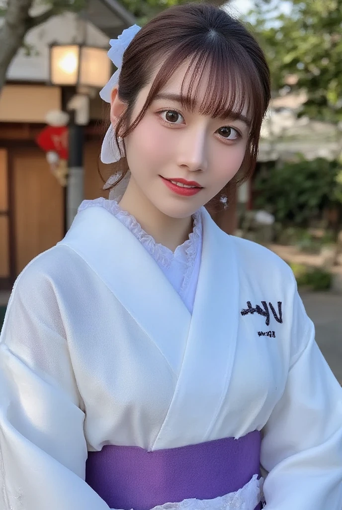 Smiling 15 year old Japan woman,, (((kimono))), ((( :1.5, ))), ligh brown hair, Side , Korean Girl, Beautiful Korean Woman, Gorgeous young Korean woman, Beautiful young Korean woman, Asian Girl, Young adorable Korean face, Portrait of female Korean idol, Korean female, Popular Korean Makeup, Medium Long Hair, Popular Korean Makeup, (8K, Raw photo, top-quality, ​masterpiece: 1.45), Very 、(White Face Mask:1.4)