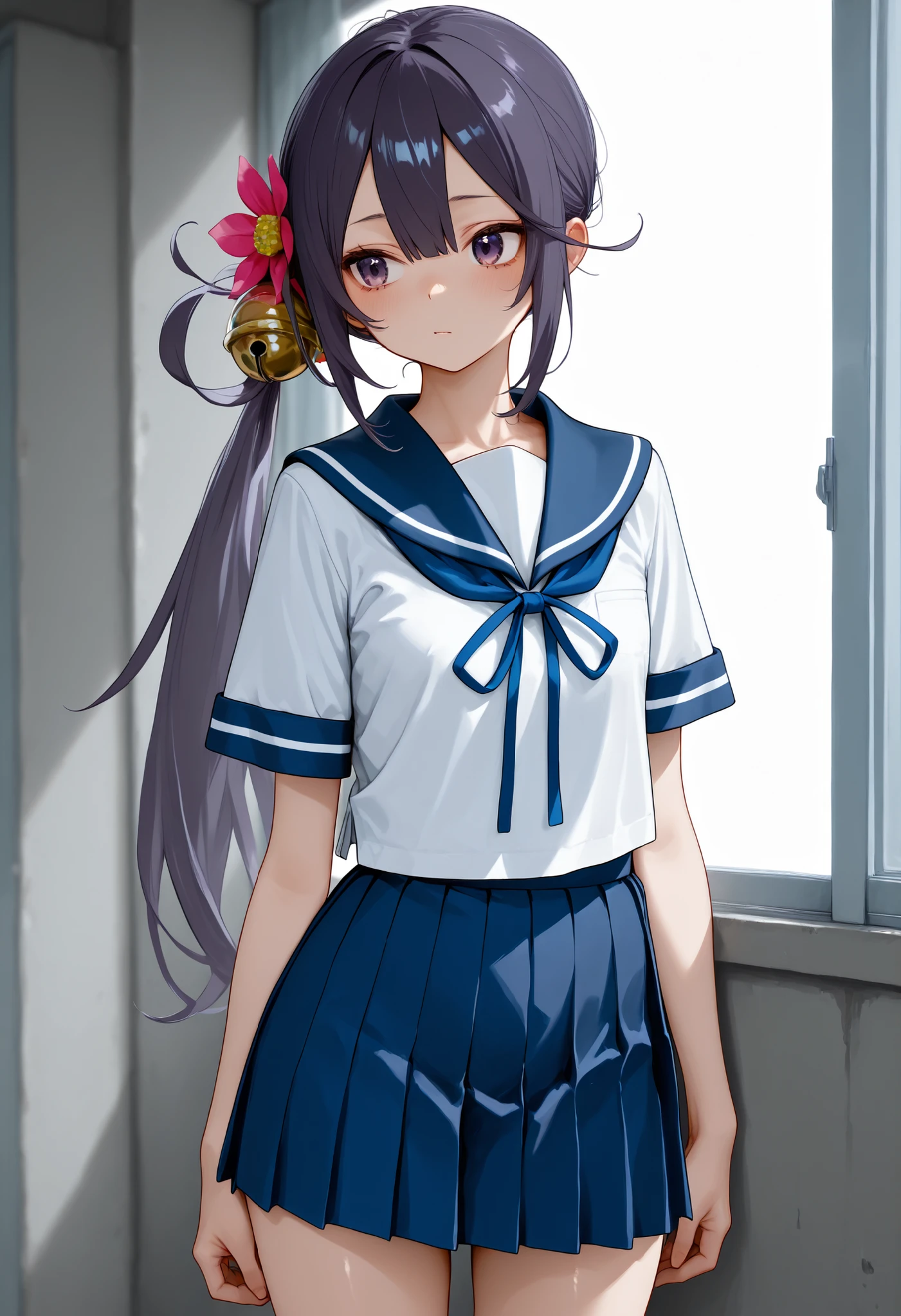 akebonokaiKC, long hair,hair ornament, school uniform, short sleeves, pleated skirt, hair flower, sailor collar, side ponytail, blue skirt, hair bell, 
