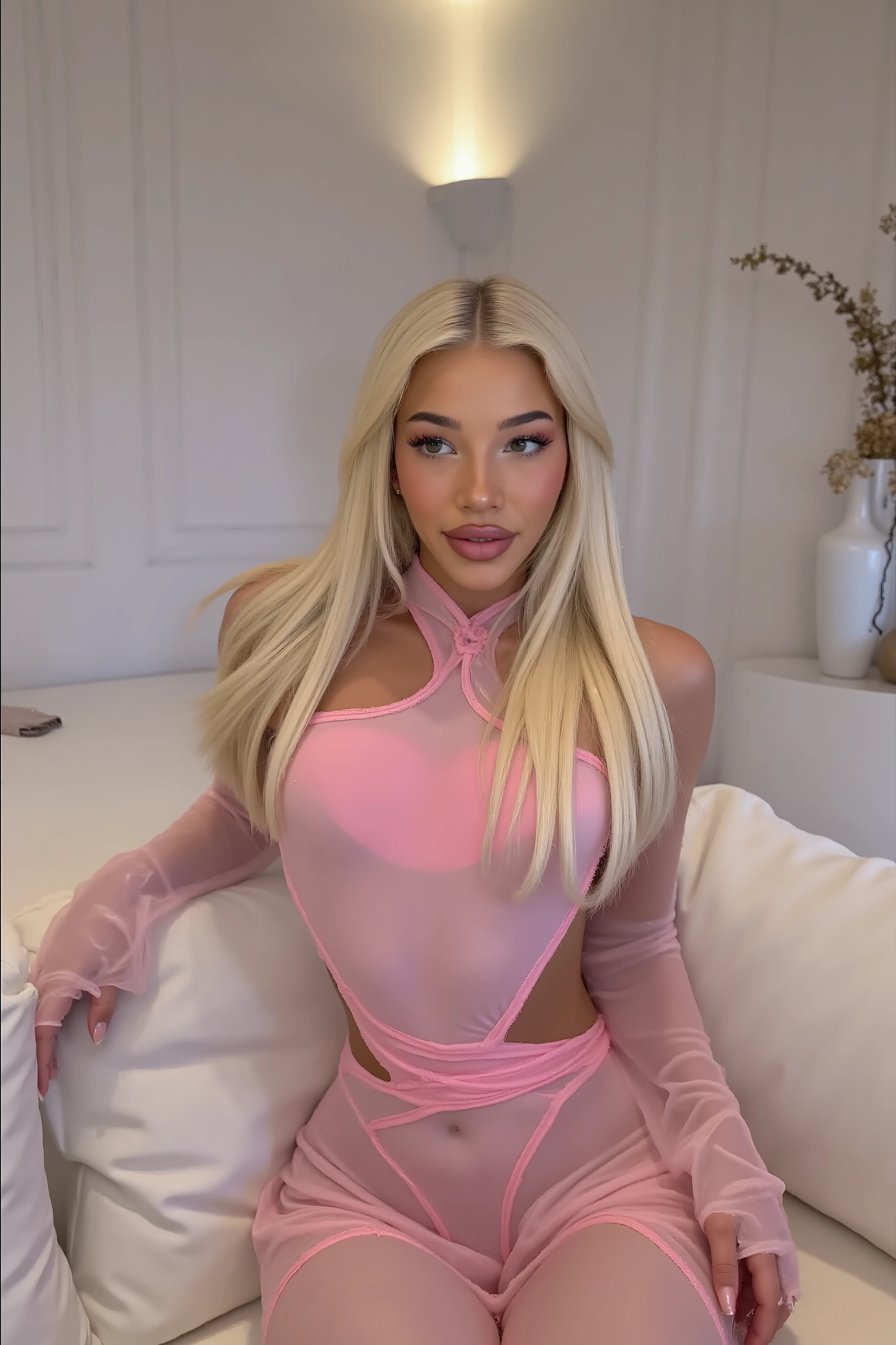 18 year old girl with blonde hair on a modern white sofa in front of a modern villa wall, with modern light on the wall night time, wearing pink see through one piece suit, 8k quality, she has egirl makeup, egirl, gamer girl, cute 18 year old girl strong camera flash on her body contrasted colours, high quality
