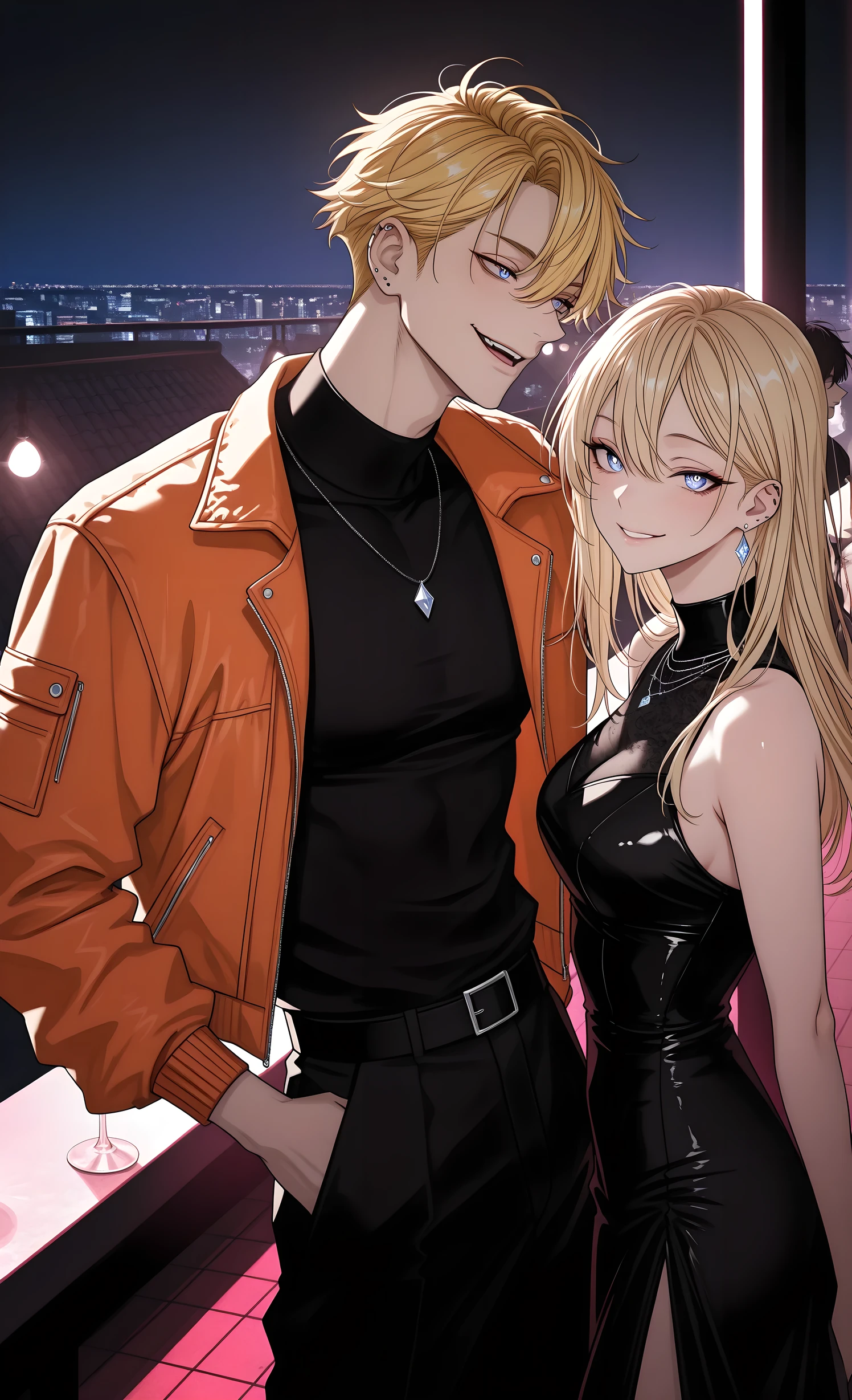 (low key lighting:1.3), (silhouette:1.2), (rim lighting:1.3), (backlight:1.3),,ultra-detailed, high detail, best quality, masterpiece, sharp focus, detailed shadows, vivid colors,score_9_up, masterpiece, best quality, ultra-detailed, high resolution, sharp focus, intricate details, vivid colors, detailed shadows, 2people, couple, 1girl and 1male,
**1girl:** beautiful woman, model-like appearance, slender build, blonde hair, piercing blue eyes, aristocratic features, cunning smile, mischievous expression, (charismatic aura:1.4), wearing an elegant black cocktail dress, diamond necklace, confident pose, actress, playful femme fatale,
**1male:** handsome man, American with Asian features, strong build, dyed blonde hair falling over forehead, bright colorful clothing, (orange bomber jacket:1.2), mischievous smile hiding depth, showman, entertainer, playful expression, (depth in eyes:1.3), standing protectively close,
**Scene:** (luxurious rooftop bar at night:1.3), city lights in background, neon signs, (cinematic lighting:1.4), dramatic rim lighting from city lights, intimate atmosphere, golden hour dusk, they are sharing a private moment, leaning against balcony rail, champagne glasses nearby, medium shot, dynamic composition, mrg style, photorealistic