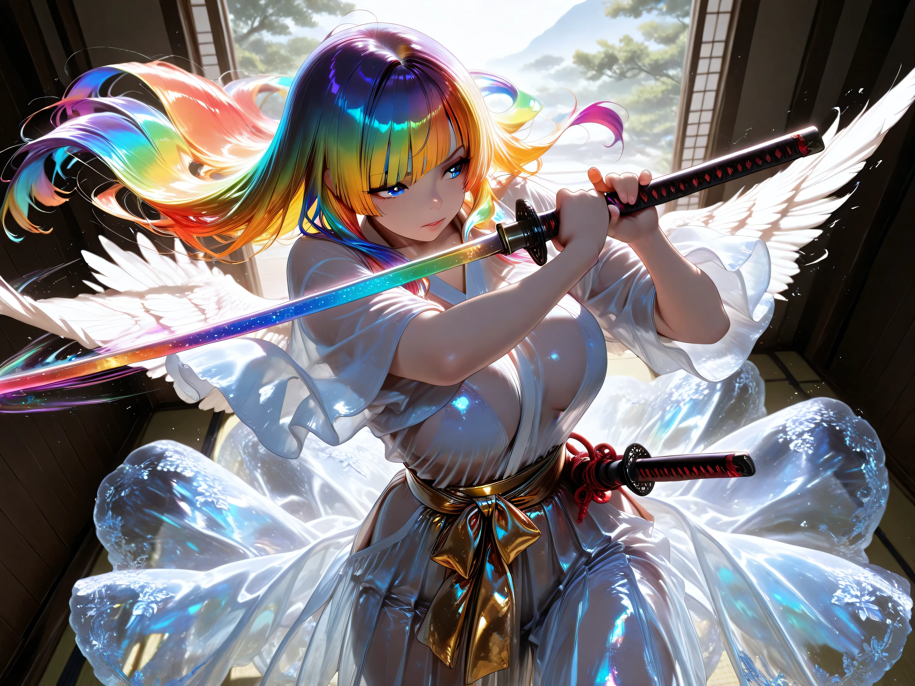 wide-angle view from above,((motion effect holding Katana,dynamic motion)) ,Satu Stance,Battle Motion,((5 anatomically correct fingers)),complete anatomy,solo,1girl,long hair, (rainbow colored gold see-through),crystal hair ,Straight hair,tousled bangs, diagonal bangs,blue eyes,has a curved rainbow sword in the right hand,(Thin clothes,A transparent white costume from Greek mythology), ( loose fit),big boobs, Curbley ,shoulder,(rainbow colored gold see-through_wing), Feathered_wing,32K,Ultra HD,masterpiece,ultra high definition,HDR,very detailed,very aesthetic,top quality,BEST SKILLS,((motion effect holding Katana,dynamic motion)) , Dazzling Sunlight ,lighting
