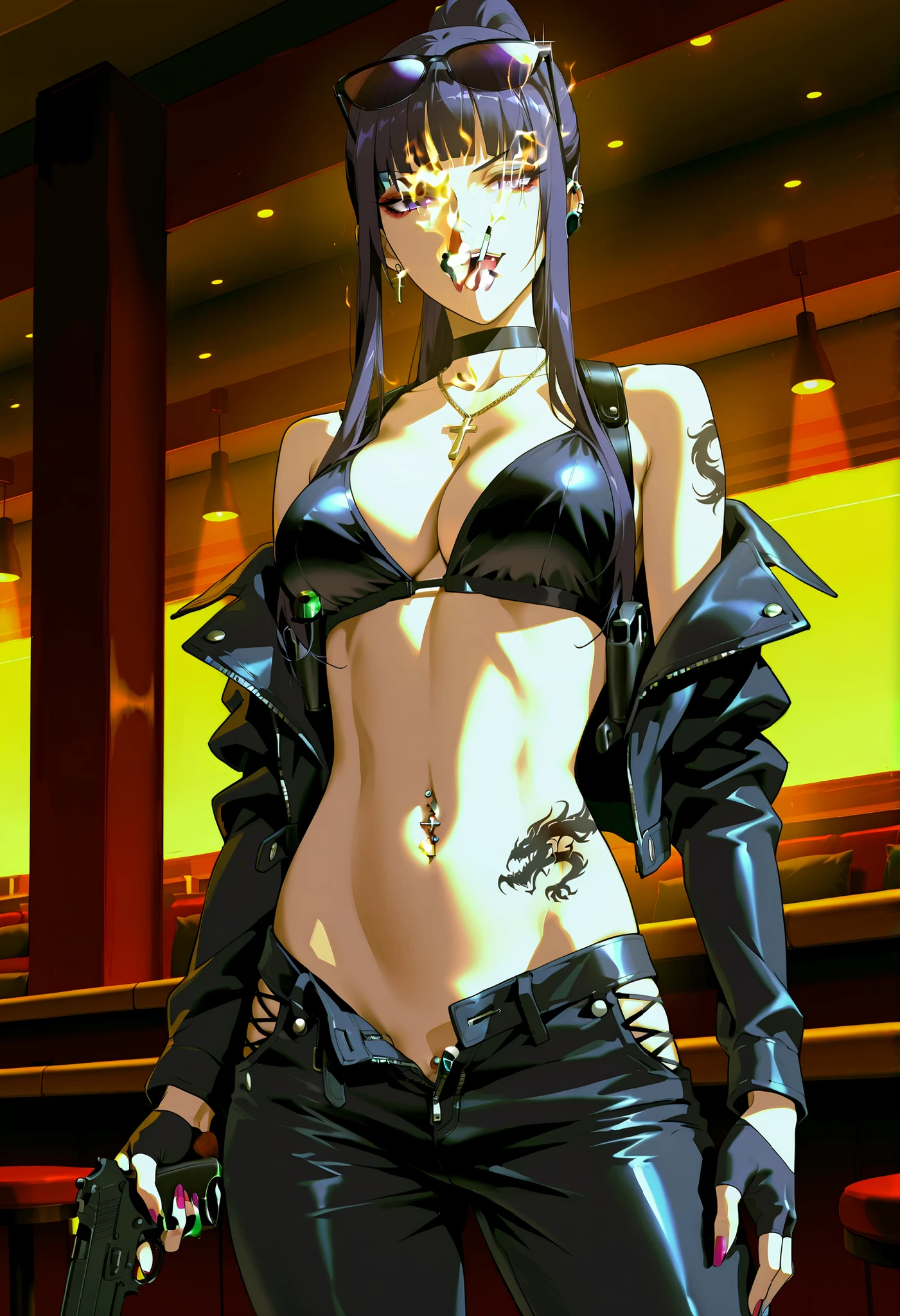 1girl,mature female, sakatoku mai, purple eyes, long hair, black hair, blunt bangs, ponytail, sidelocks, makeup, eyeshadow, lipstick, nail polish, ear piercing, long hair, , lipstick, Hot girl, baddie, smoking, sensual, attractive ,choker, ,cross necklace,bar background, inside bar ,indoors, , casino,  ,  shoulders ,, , leather pants ,  , fingerless gloves , leather , short , , cowboy shot , masterpiece , best quality , highly detailed , a girls with a gun , evil smile , open mouth ,  gaze , badass pose , evil smile , smile , ()  , guns blazing , anime girl with long hair , beautiful long haired girl , navel , evil expression , exposed belly , exposed navel , exposed midriff , exposed lower belly , long black pants , cleavage , unbuttoned leather pants , open fly , low rise black leather pants , leather jacket , holding a gun , holding pistol , unbuttoned shirt , collared shirt , knot , pull_down leather pants , (show off panties , :1 . 2 , no panties) , pull_down long black pants , pull_down black leather pants , zip up leather jacket ,  top , navel piercing , cross-laced slit , tongue piercing , tongue out , open mouth ,  ,, , shoulder holster,, sunglasses on head,  ,dragon tattoo on waist, narrowed eyes, tattoo on waist, anipai_style , anime screencap , anime coloring,, v-shape eyebrows,,