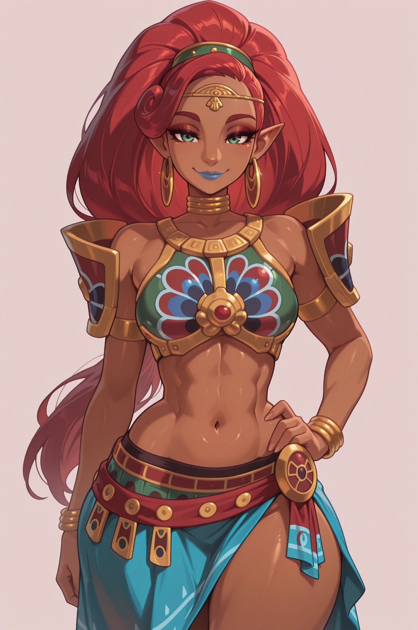 score_9, score_8_up, score_8, , (curvy), cute, eyelashes,       BREAK, , ,,, zzSaiyanRiju, green eyes, red hair, pointy ears, dark skin, shoulder armor, navel, jewelry, midriff, bracelet, crop top, armlet, hair tubes, red gem,  <lora:SaiyanRiju_PDXL:0.8>,     ,,,, BREAK, <lora:Afrobull_PDXL_v5:0.8>,  ,,, BREAK, smile, looking at viewer, closed mouth, cowboy shot,  ,,, embedding:zPDXL, Expressiveh, ,,, <lora:SDXLFaeTastic2400:0.5>, <lora:Expressive_H-000001:0.4>,
