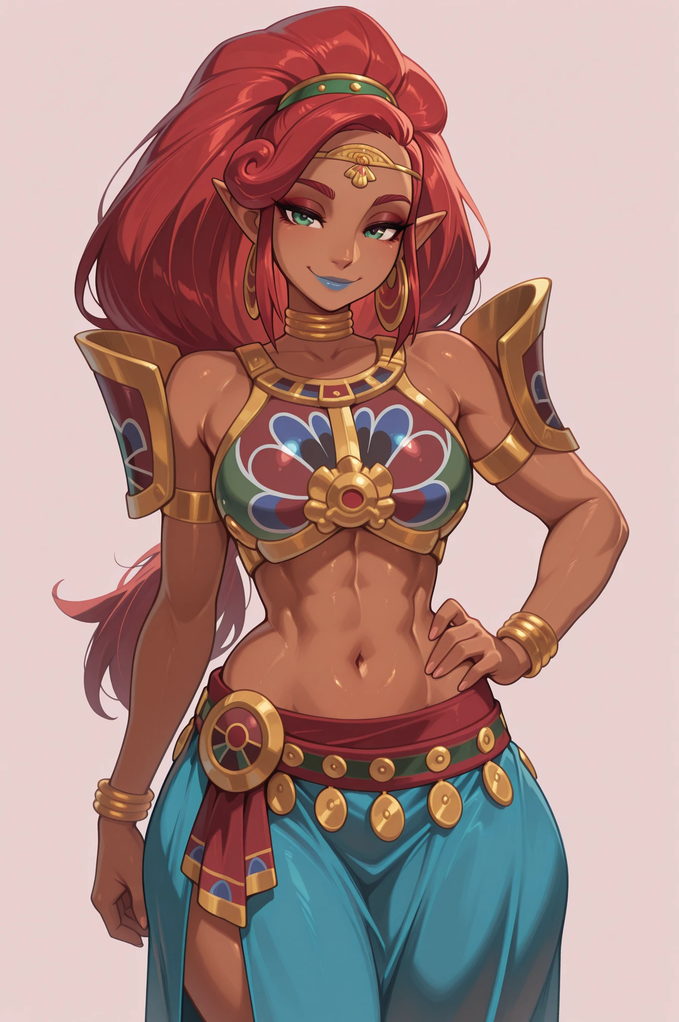 best quality, high resolution, large breasts, red hair, blush, embarrassed, cowboy shot, looking at viewer, Riju, blue lip, ((())), (((off shoulders)))