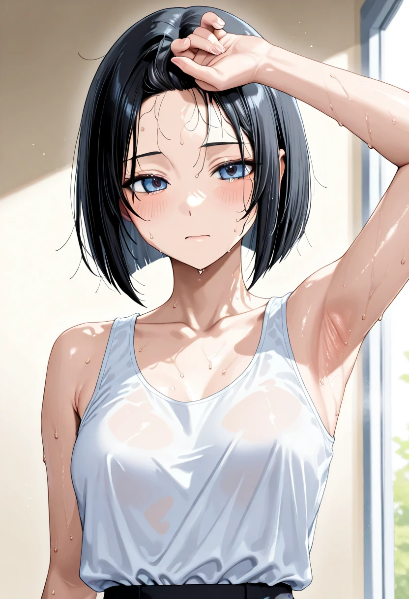 One woman, blush,  Sweat Embarrassed Smile Showing  Front, Short Hair, Black Hair, feel flat chest pubic hair 8k, Very detailed, 16K, (), City walk, black eyes, pink polo shirt, short sleeves, black skirt, skirt rolled up quite a bit, completely , belly button, looking here from below