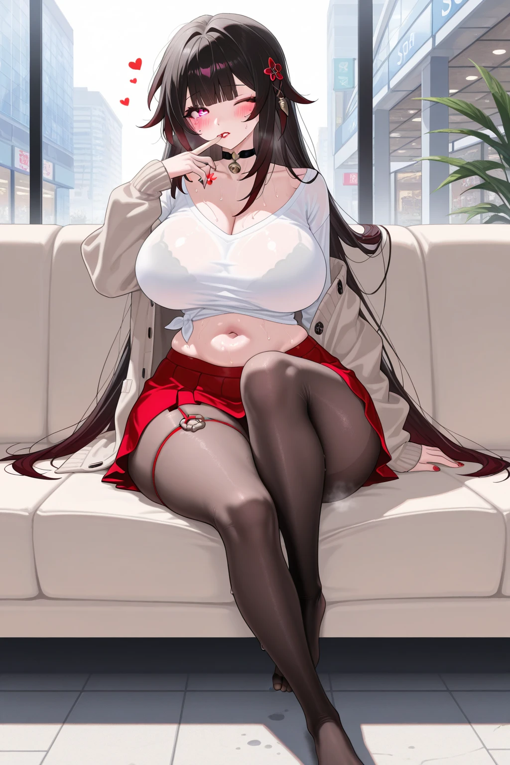 <lora:kim-10:1>Kim Mi-Jung, red jacket, pantyhose, 1girl, , cleavage, crossed legs, solo, blue hair, shirt, fishnet pantyhose, skirt, makeup, simple background, high heels, white background, , sitting, jacket, full body, legs, fishnets, parted lips, shoes, looking at viewer, lipstick