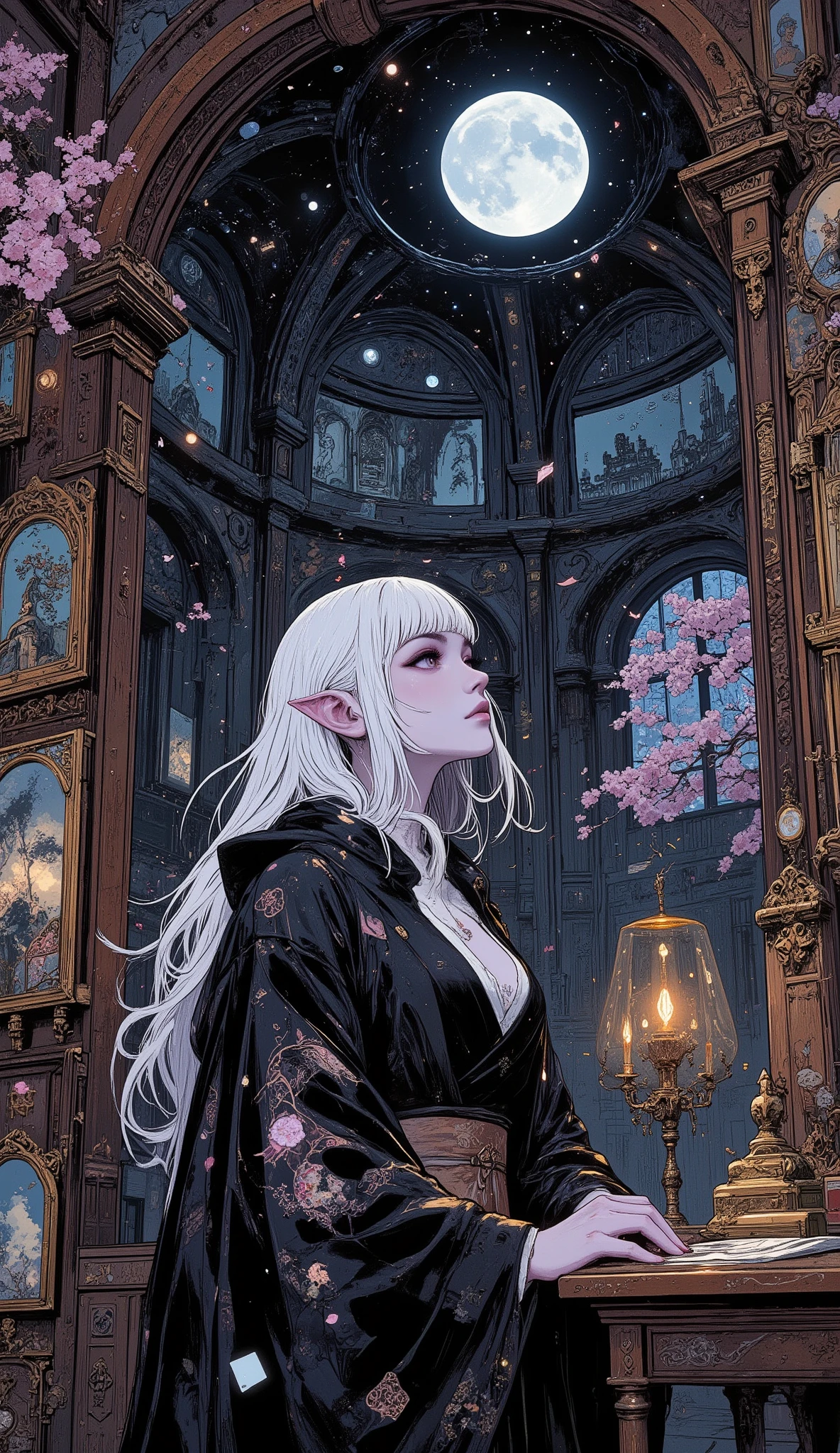 (A digital art piece blending ukiyo-e with dark fantasy, creating an aesthetic and gothic atmosphere. The face is rendered in intricate detail. A dark elf woman stands in a room of mirrors, showered by sparkling particles of moonlight, absorbing the essence of the moon.) BREAK
(A labyrinthine room featuring walls and ceilings covered in mirrors, kaleidoscopes, double mirrors, and the essence of sparkling moonlight. Cherry blossoms bloom, their petals fluttering down.) BREAK
(The dark elf female cleric has pure white hair, a blunt fringe, long flowing hair, long white lower lashes, lavender-colored eyes, thick dark eyeliner, and pink lips.) BREAK
(The dark elf female cleric wears a traditional Japanese kimono, looks slightly upward, tends to lower her eyes, and has flushed cheeks.)