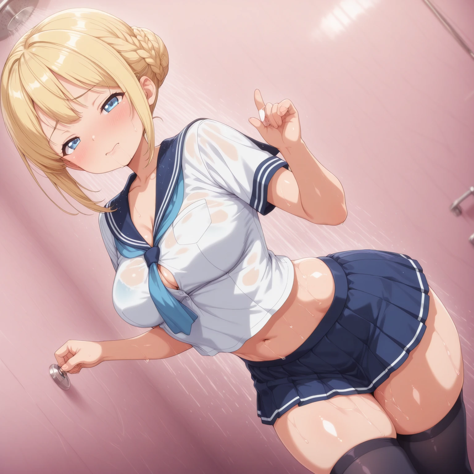 1girl, tsunade \(naruto\), naruto \(series\), Highest quality, Super detailed, masterpiece, Ultra-high resolution, 8K, Embarrassing, blush, Lovely, Close one eye, With tears in her eyes and her mouth open, drooling, , (Sailor uniform, micro mini skirt, light blue striped see-through panties, Sticky panties, , beautiful ), ( back, crop back), Underboob, Sideboob, black stockings, (Thighs), (Curvy waist), Shower room, (from above)