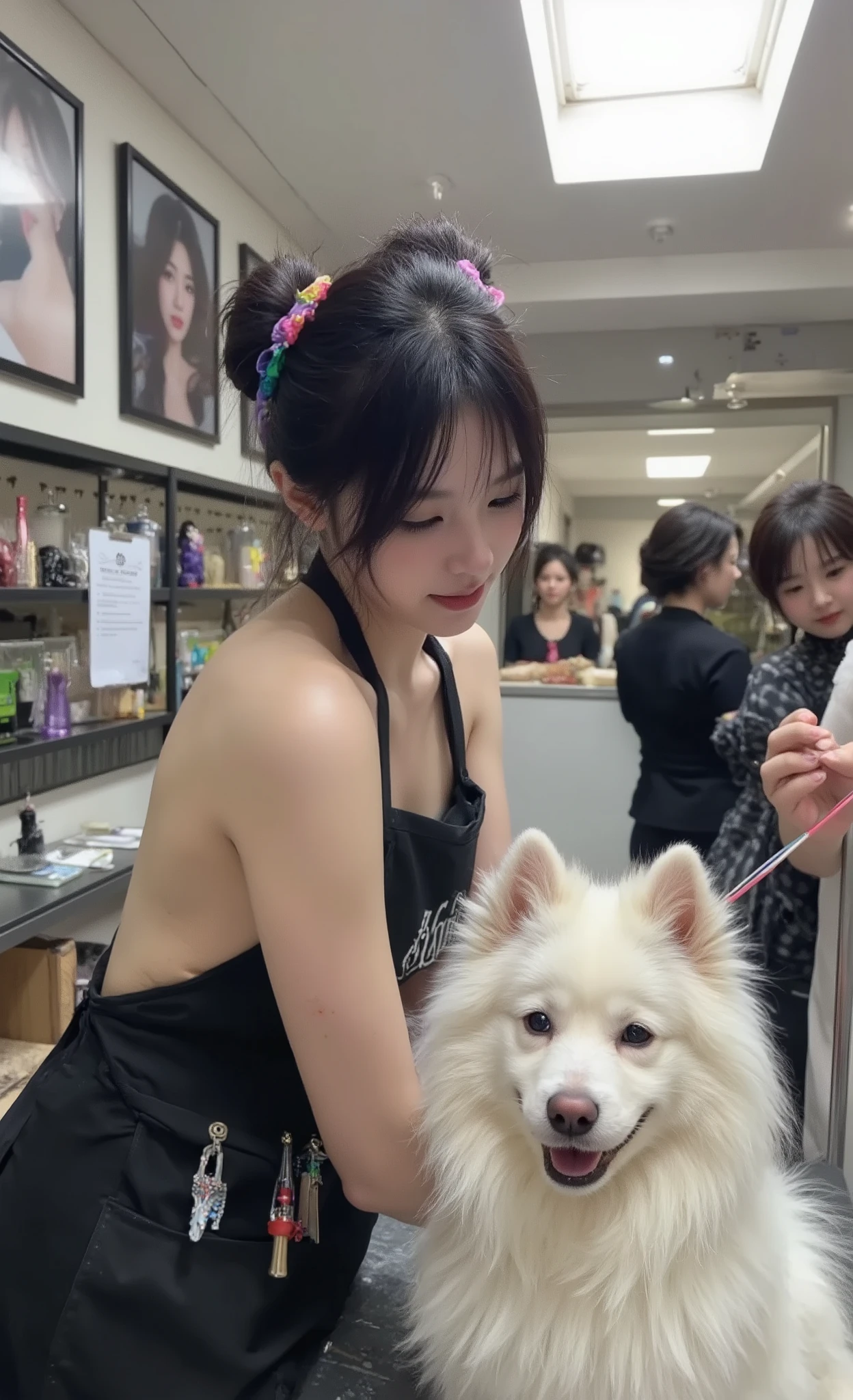 applying temporary pet-safe color chalk, naked apron:1.5、innovative teenage groomer, detailed styling process, Authentic grooming environment, creative animal makeover, ブティックグルーミングサロンでプロのpet stylistとして働く、on carefully groomed samoyed dogs, Detailed salon environment with premium equipment、adjustable hydraulic tables and specialized drying systems, wall decorated with framed photographs of stylists' award-winning designs, hyperrealistic images of skilled teenage girls、representing artistic focus, straight black hair with purple streaks tied to practical buns, applying temporary pet-safe color chalk、wear a personalized apron with tool pockets, intense concentration in her expression、wearing colorful bandanas that match the design theme, photorealistic captures of teenage entrepreneurs、dog sitting with a calm expression, x}、complemented by professional salon lighting, displaying reference images and client approval forms, luxury pet grooming products and accessories Do shelf, professional brushes and applicators、showcasing, photorealistic pet salon scene, other customers watching with an impressed expression in the waiting room, natural light from skylight、large mirror showing the process from multiple angles, demonstrate innovative techniques and artistic vision in the specialty pet styling field、creating subtle rainbow effects along fluffy white hairs, "pet stylist"