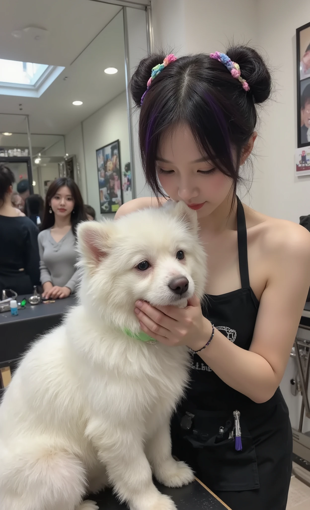 applying temporary pet-safe color chalk, naked apron:1.5、innovative teenage groomer, detailed styling process, Authentic grooming environment, creative animal makeover, ブティックグルーミングサロンでプロのpet stylistとして働く、on carefully groomed samoyed dogs, Detailed salon environment with premium equipment、adjustable hydraulic tables and specialized drying systems, wall decorated with framed photographs of stylists' award-winning designs, hyperrealistic images of skilled teenage girls、representing artistic focus, straight black hair with purple streaks tied to practical buns, applying temporary pet-safe color chalk、wear a personalized apron with tool pockets, intense concentration in her expression、wearing colorful bandanas that match the design theme, photorealistic captures of teenage entrepreneurs、dog sitting with a calm expression, x}、complemented by professional salon lighting, displaying reference images and client approval forms, luxury pet grooming products and accessories Do shelf, professional brushes and applicators、showcasing, photorealistic pet salon scene, other customers watching with an impressed expression in the waiting room, natural light from skylight、large mirror showing the process from multiple angles, demonstrate innovative techniques and artistic vision in the specialty pet styling field、creating subtle rainbow effects along fluffy white hairs, "pet stylist"