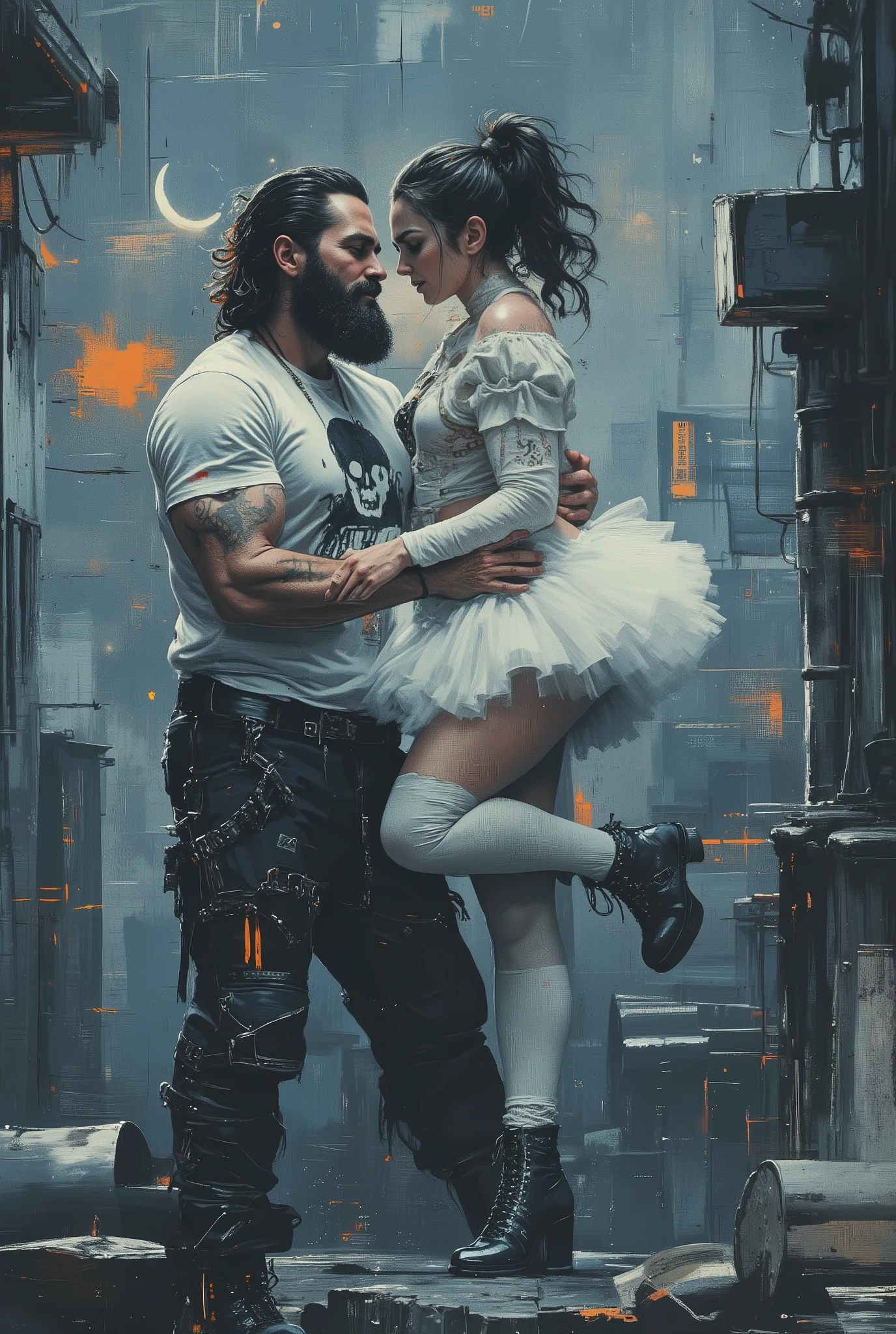 The king passionately hugs his queen. The digital illustration shows a muscular male king with long, loose black hair combed back and decorated with orange strands. He has a full beard. He is wearing a white T-shirt with a graphic design of a black skull, black trousers with lots of straps and buckles, and black high-top boots.In the king's arms is his queen. She's wearing a white tutu white pantyhose and platform boots. She is wellshaped, perfect body woman, smaller than man. She stands on her fingertips, holding onto the king's shoulder. She has stage makeup and a artistic hairstyle with two ponnytails. The background is a mix of abstract and urban elements, with a cool color palette dominated by shades of blue and gray. The overall style of the game is very detailed and dynamic, with an emphasis on strong and confident character behavior. Surreal digital graphics.
