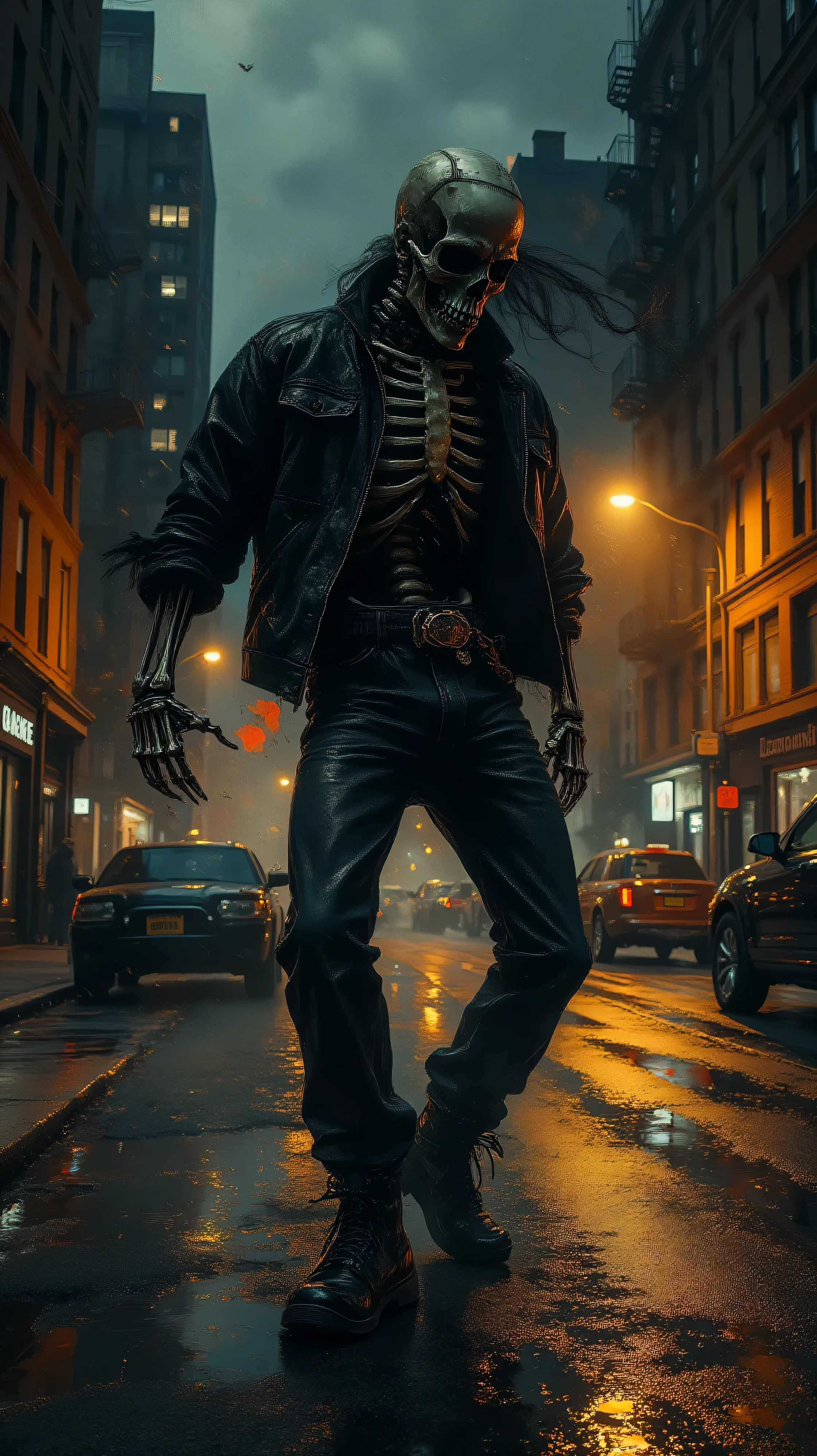 Hyper-realistic illustration, maximum sharpness and ultra-high resolution of a male skeleton dancing alone in a New York street at night, directly in front of the camera. The skeleton wears stylish 80s-inspired urban clothing: leather or bomber jacket, tight jeans, sneakers, belt and accessories, striking a dynamic dance pose mid-move. The street is illuminated by warm streetlights, casting strong, realistic light and shadows on the skeleton and the pavement. Background with typical New York elements: tall buildings, fire escapes, parked cars, faint neon signs and lit windows in the distance. Wet asphalt subtly reflecting the streetlights, light mist in the air, detailed textures on bones, clothes and street surfaces, dramatic cinematic lighting, photorealistic style, 8K quality, perfect focus, no blur.
