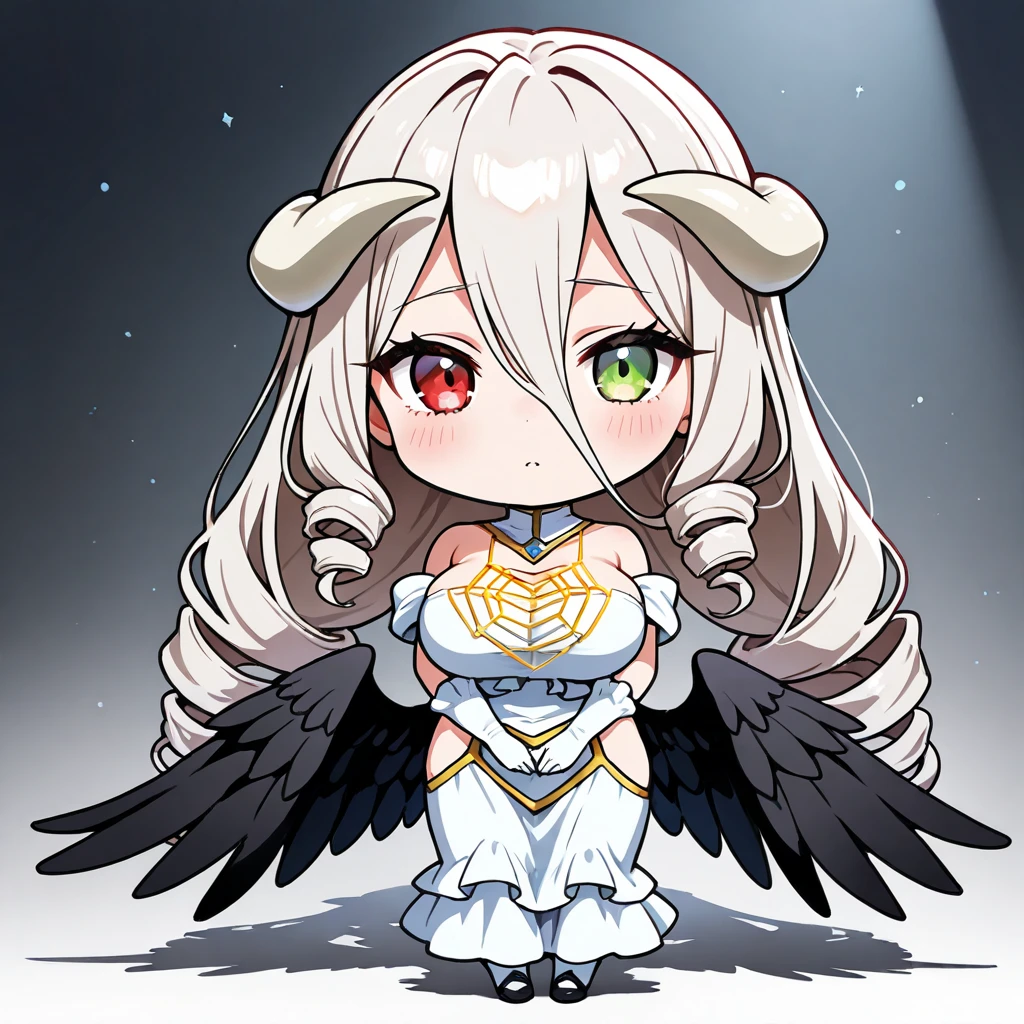 1girl, ((long)) white hair, violet eyes,  big breasts, white bikini, black stockings, smirk, angel wings on back, chibi style