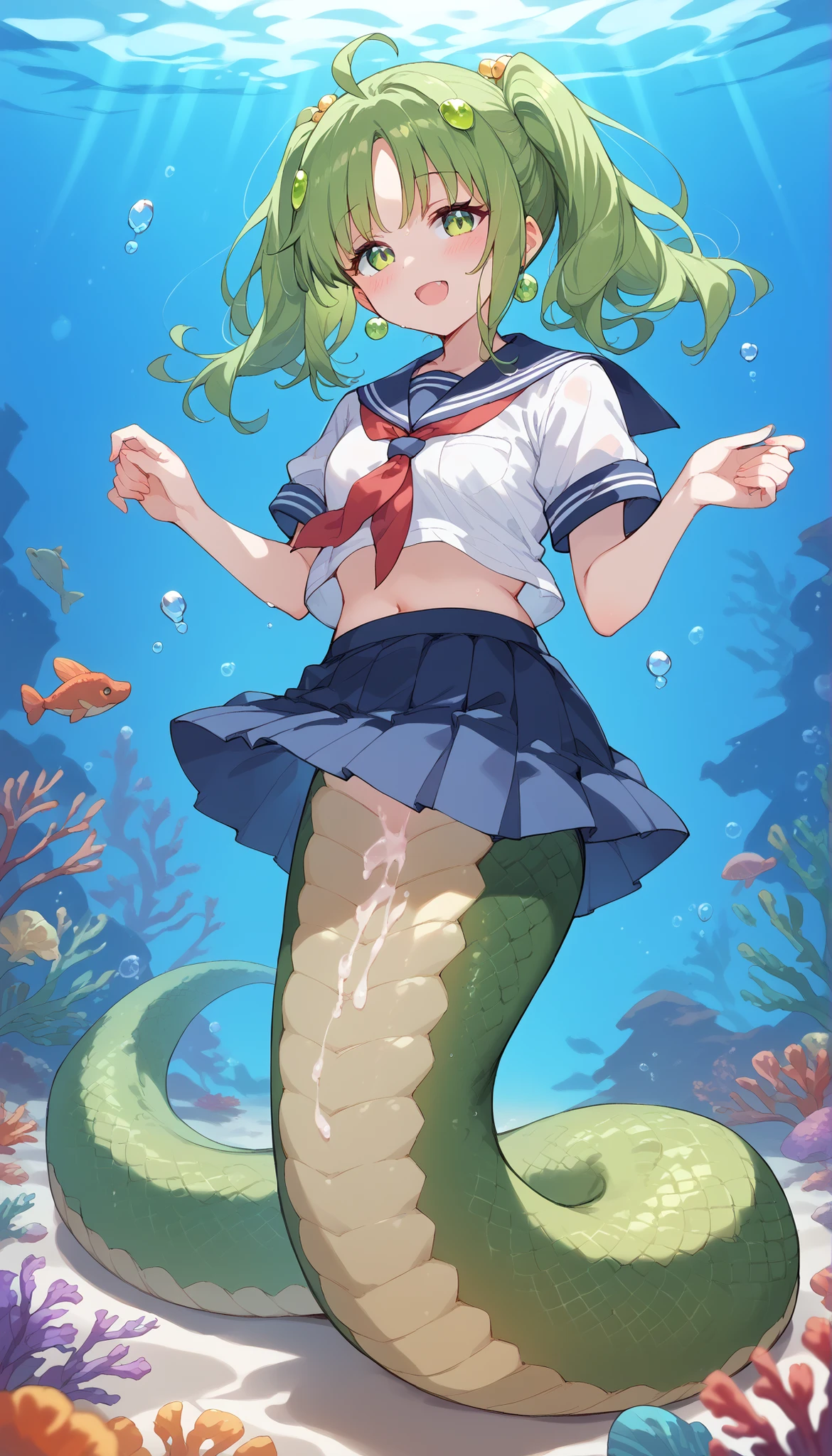 Fraction_9,Fraction_8_Up,Fraction_7_Up,Fraction_6_Up,Fraction_5_Up,Fraction_4_Up,close-Up,(zPDXL3), (  masterpiece after sex),  ( Best Quality),(  with five fingers),
1 girl, alone , Catch Cordyceps Sera  , green hair, double ponytail, green eyes,school uniforms, skirt, Hair accessories , Blush,lamia,green snake tail  ,full body photo,(Underwater:1.2),seabed