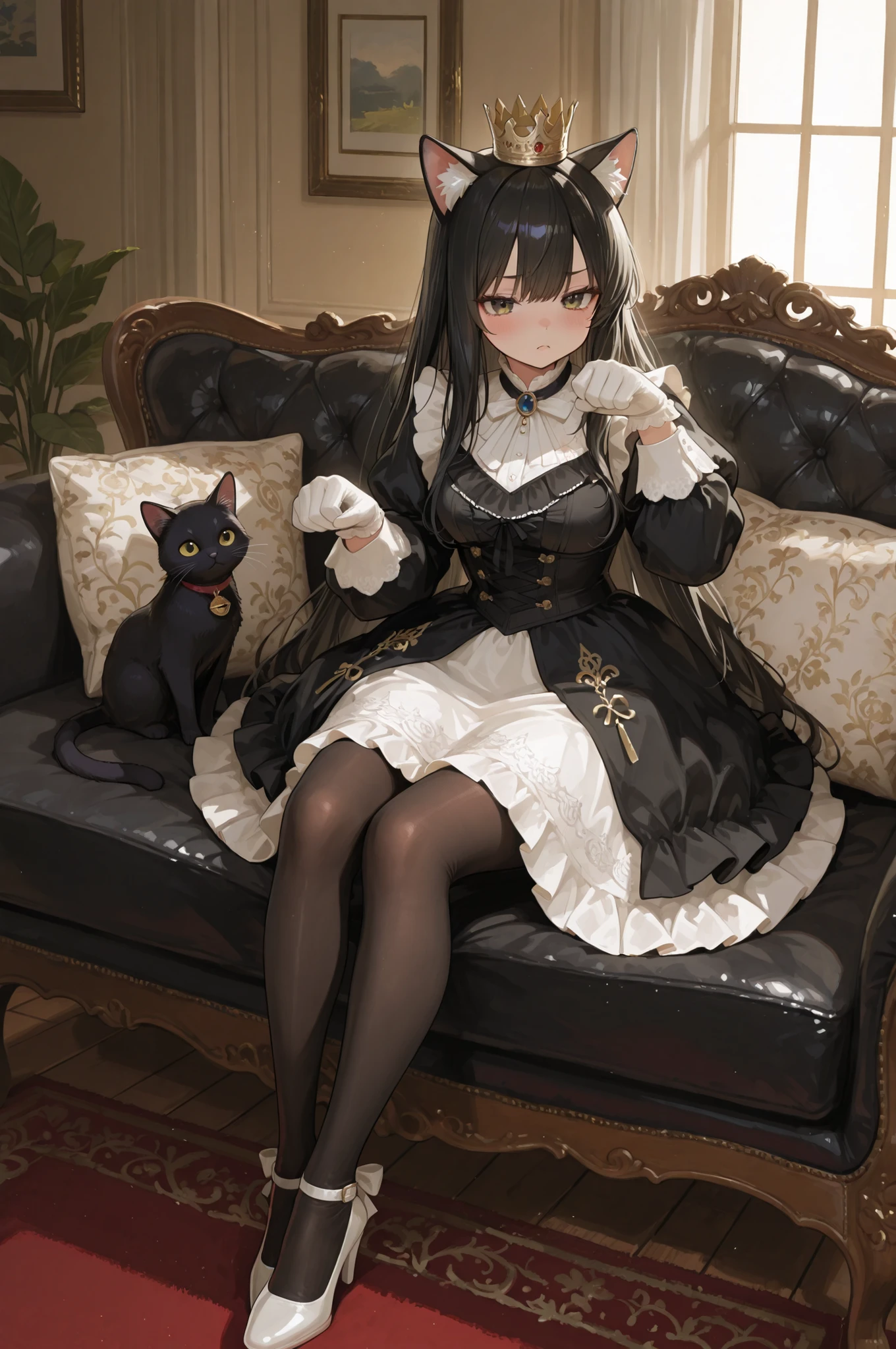 748cmstyle, anime style, ordinary modest living room, spoiled black-cat princess girl relaxing on a sofa, making a cute cat-paw pose while sweetly begging for attention, black cat ears, small royal crown, long black hair, yellow feline eyes, catlike expression, elegant black aristocratic dress with fine white white embroidery, noble white gloves, black tights, pristine white high heels, soft warm lighting, contrast between her regal appearance and the everyday home atmosphere