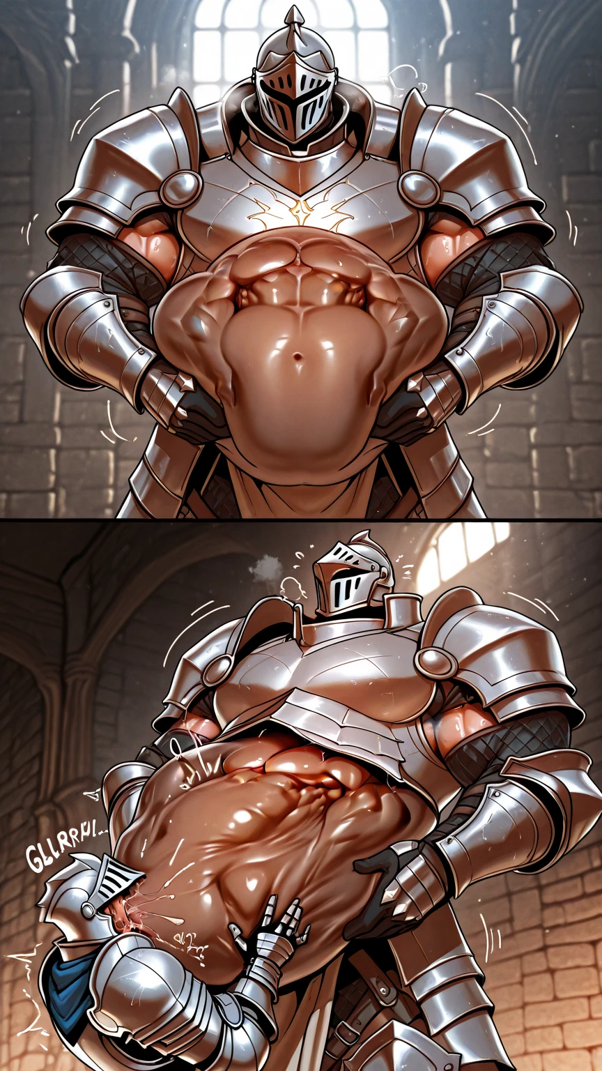 best quality, masterpiece, yaoi, two rugged men, handsome young man with bronzed tan skin who is bound and chained, bleeding cuts and bruises, tears welling up, , , face down  up,  ,  with evil knight who is a monstrously huge bodybuilder man wearing full metal armor, (((grab ))),  in , dark dungeon, front view, pov from below, ambient lighting, dramatic shadows, manga art style, best view, perfect fingers, no watermark, no logo, no signature