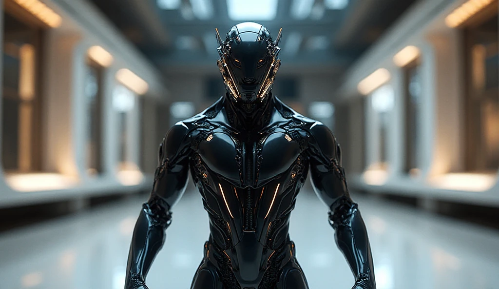 An alien emissary with a thin body and long arms has an intriguing and imposing appearance. His skin is a silvery metallic tone., reflecting light in a soft and mysterious way. The thin body is covered by a series of organic plates that intersperse, providing a combination of flexibility and resistance. His arms, exceptionally long, have additional joints, allowing graceful and precise movements.