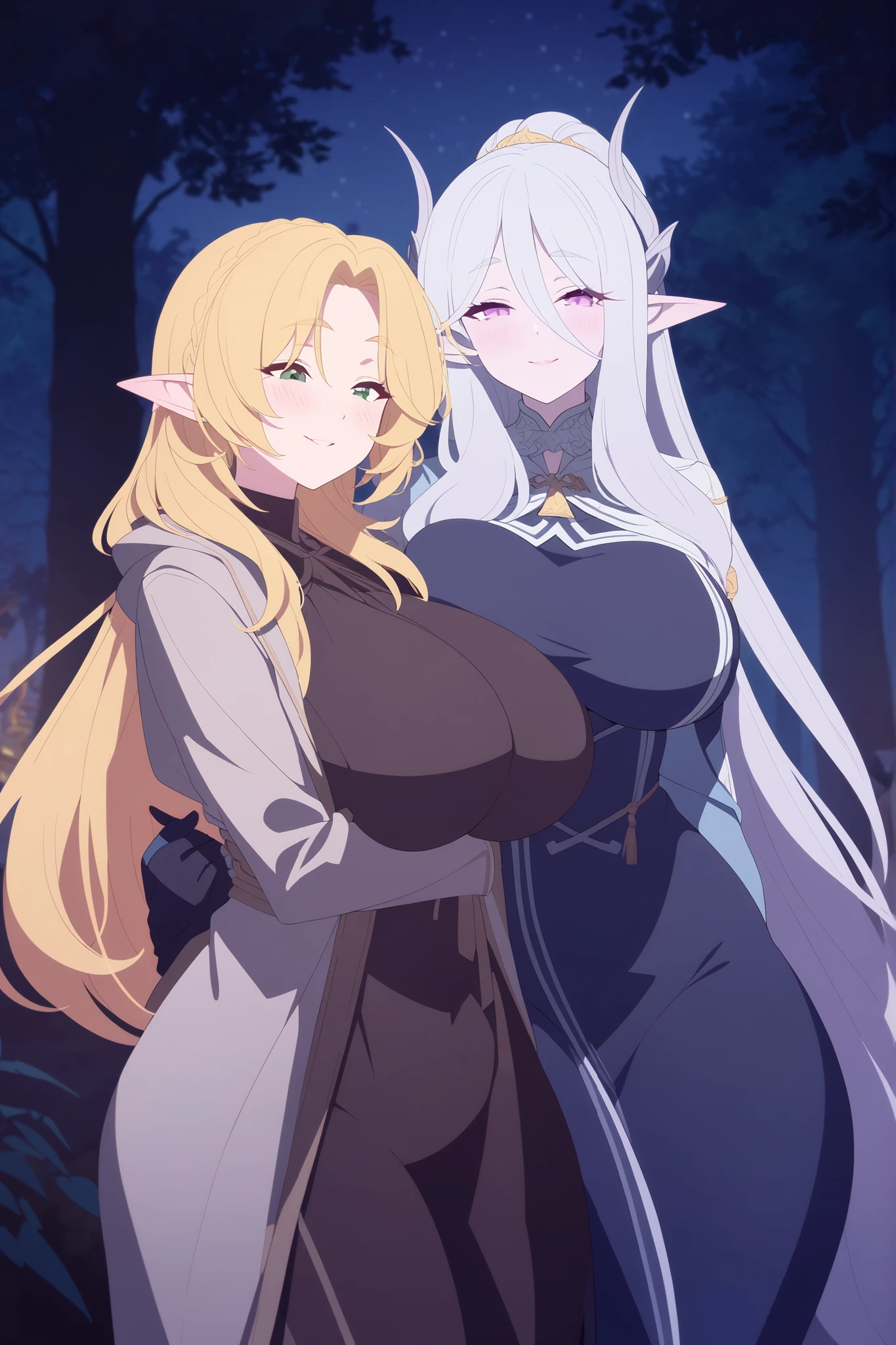 2 elf girls, Long hair, attractive facial features, curvy , thick , Robes, Night, the forest, cuddle, smile, light blush, cuteness, (1 dark elf), (2 high elves), unique appearance