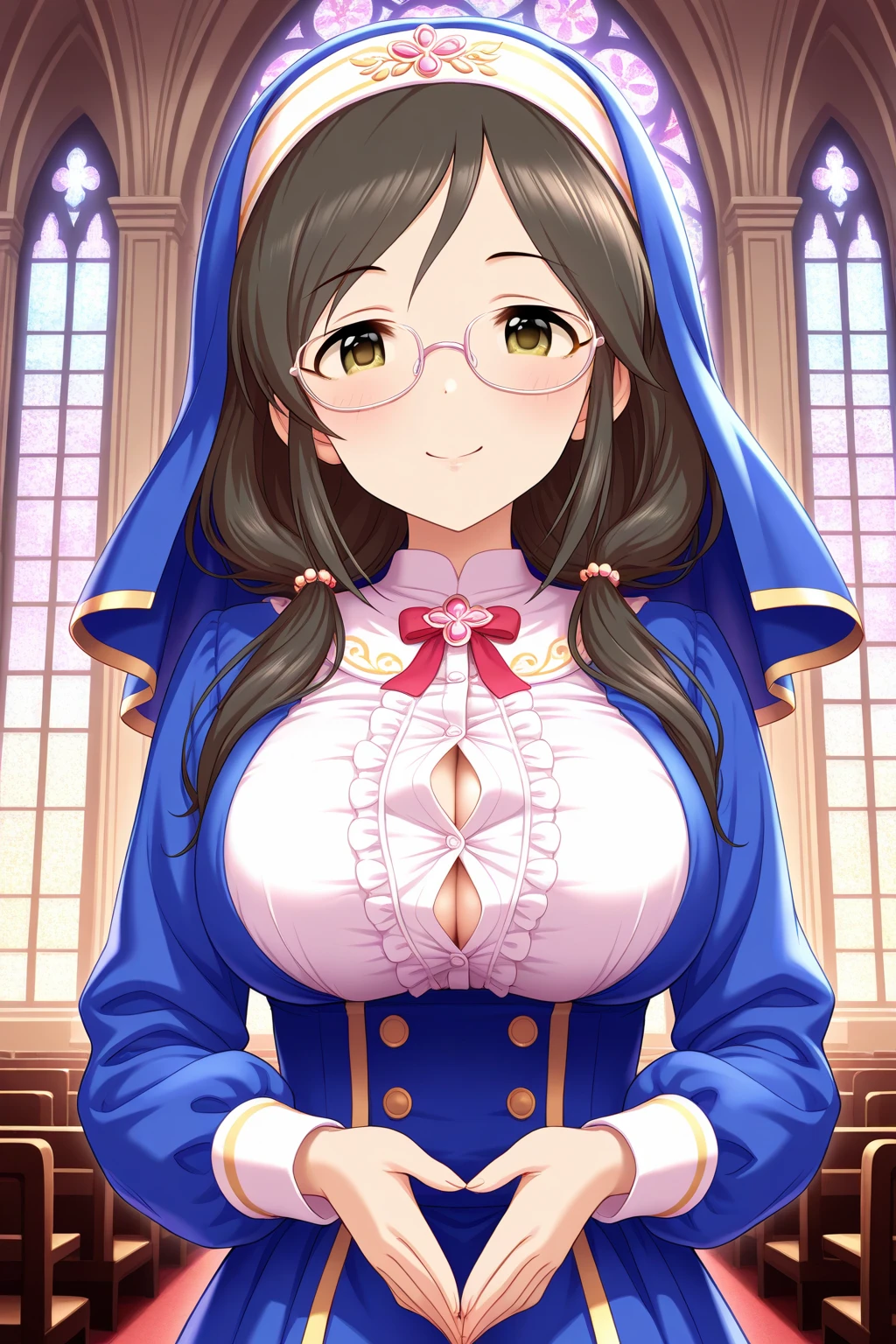 ((Tabletop, Highest quality, High resolution, , Pixel Perfect, 4K,))), 1 female, 、The whole body is visible、 ((Long Wavy Hair, bangs, Brown Hair)), ((Brown eyes, Beautiful eyelashes, Realistic eyes)), ((Detailed face, Blushing:1.2)), ((Smooth texture:0.75, Realistic texture:0.65, Realistic:1.1, Anime CG Style)), Medium sized , Dynamic Angle, Perfect body, (( , , Beautiful Priest、、 Priest off-shoulder jacket、Priest Flare Skirt、、)), Gold Hair Ornament、Cross Necklace、、Very embarrassing panic smile, 、Gorgeous church basilica、Church Bed、Lying in bed、、Hold a big Bible、、Nipples are slightly visible、、Lace panties are visible、、、、、 、Angle from below)、