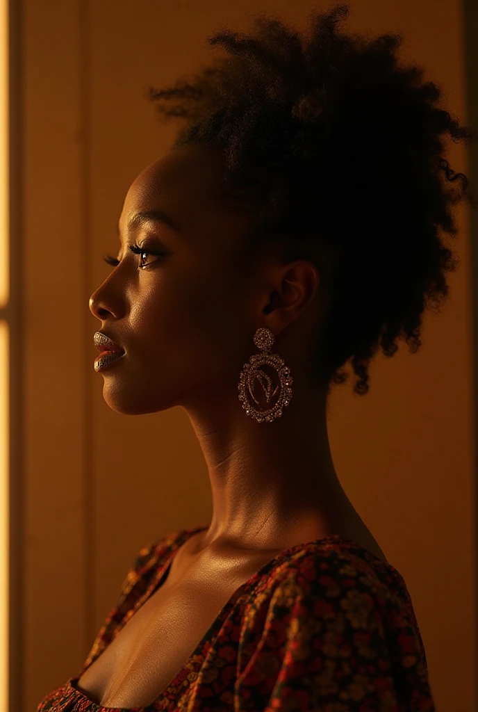 Wide angle shot of a black woman, Wearing a pearl dress and pearl necklace, In a dark room、Sunlight filtering in through holes and vents in the walls creates beautiful, cinematic images., Moody chiaroscuro lighting, High resolution 