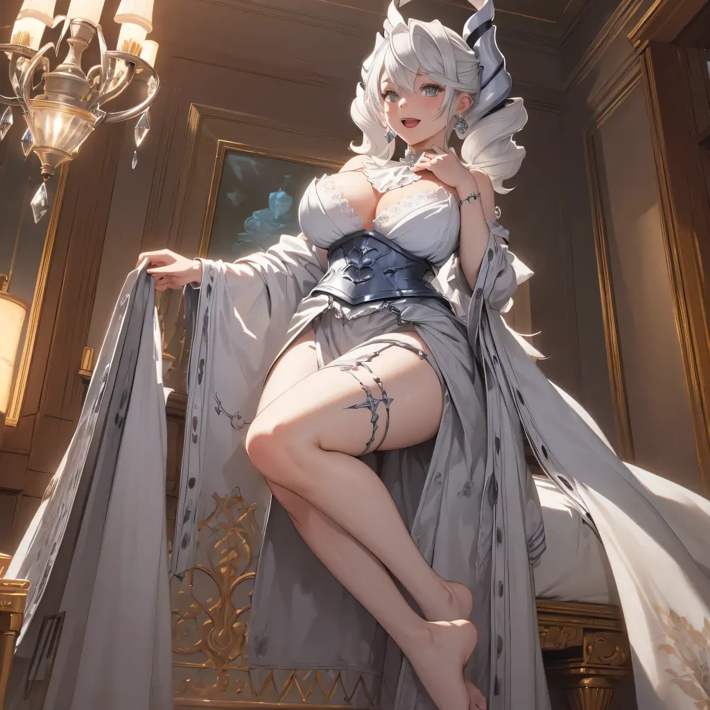 ((masterpiece)),(best quality), ((extremely detailed CG unity 4k wallpaper)),(cinematic lighting), (an extremely delicate and beautiful evil girl:1.3),moon light ,face, fixed eye, hand fixed (++silver hair++), blue eyes, long hair, jewelry,earrings, :d, maid, labrynth,mouth closed, pink lips, 
Large breast ,(Crystal chandelier), horn ,evil face ,indoor ,hand over hip , sitting, beautiful crossed leg in detailed,  all body , leg fixed , view from below down , worship ,view  