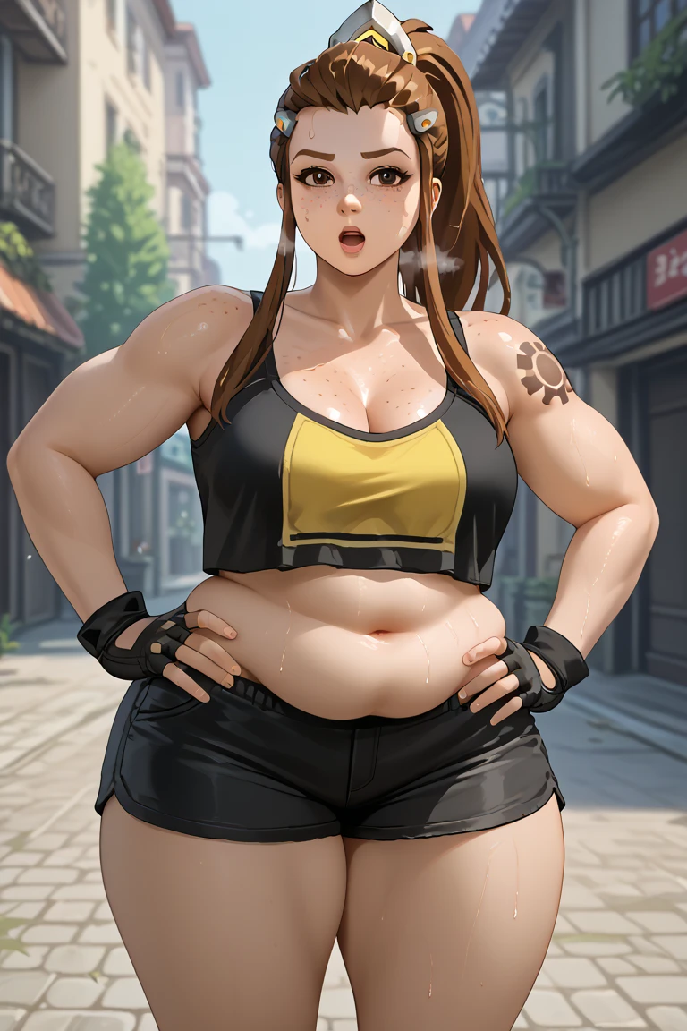 (photorealistic painting art, professional foto, 4K:1.0) Yoko Littner, (face detailed), (standing alone), very wide body, ((beautiful detailed background)), curved, very fat, Broad Hips, huge ass, thick and smooth thighs, very fat flabby arms, realistic lighting, high détail, qualidade hd , face detailed, realistic shading, fat rolls, tamanho huge ass, gigantic huge ass breasts overflowing with fat, decote huge ass, heavy, plus size, everything is fat, soft texture, beautiful big eyes, semi-realistic, dynamic angle, pattern clothes, ssbbw, ver very heavy body, fat belly rolls, bulking, weight gain, mukbang,  to ssbbw, bikini and thin leather shorts like her original outfit, FATASS