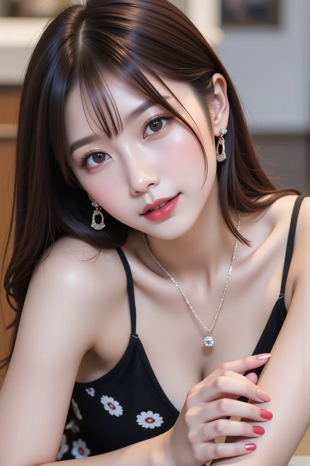 ((top-quality、in 8K、32K、​masterpiece、nffsw:1.2))、((Photo of one Japan woman))、((a necklace))、((Luxury Lounge))、((Closing your eyes))、((Beautiful and detailed eyelids))、((Mouth wide open))、((Beautiful and detailed mouth))、((Very enchanting))、((Put your right hand to your mouth))、((Model Figures))、((Floating Novafrog Style))、((shoulder length hair))、((Detailed hair strands))、((Realistic and detailed skin feeling))、((Luxury and detailed evening dress in deep blue color))、