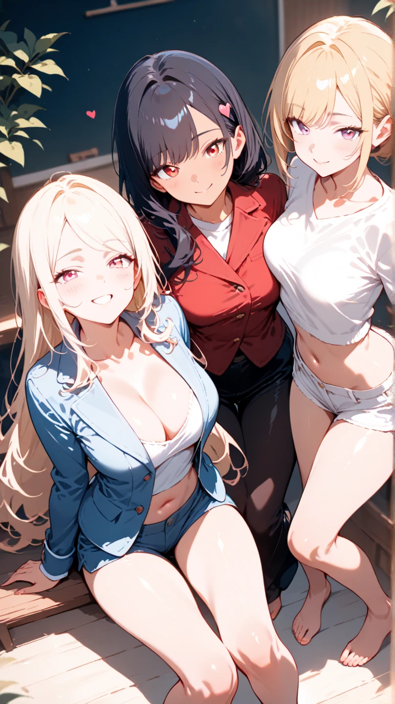 multiple thick body females opens their night time robes to show camera their hanging  with  and lace pattern panties in kitchen, all females wearing different style of panties, (()), all females excited smiling and blushing, one male character drooling while sitting in the corner