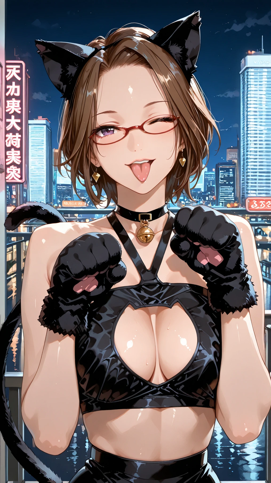 solo, tomoe (accelerando), purple eyes, brown hair, short hair, glasses, mature woman, Tight waist、Small waist、shiny Skin , (upper body), sexy, (adult woman, 25+), score_9, score_8_up, score_7_up, source_anime,(extremely detailed CG), (best quality), Beautiful woman in a (sexy yet cute black cat cosplay), with (perky triangular cat ears), (long elegant tail with a curl at the tip), wearing a bell collar and paw mittens. One eye closed in a playful wink, tongue slightly out, making a cat paw pose, mischievous expression, night city background with neon lights, cinematic lighting, photorealistic, 8k. extremely large breasts,