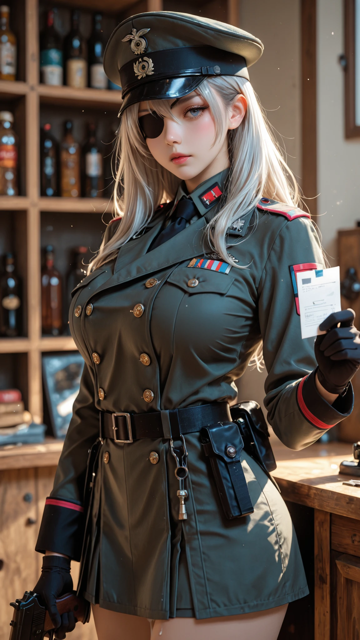 Facing the audience、upward-eyed、dynamicposes、Legs spread、Hands behind your back、pretty 1girl, absurderes, 8K UHD, Platinum Blonde Hair,bob cuts, 20yr old、very large breast, Workplace costumes,(Green military uniform, soldier, Green cloak、Green pants, Military uniform、Green Military Cap),(FULL BODYSHOT)、(Rin々 expressions:1.12),Battlefield Background