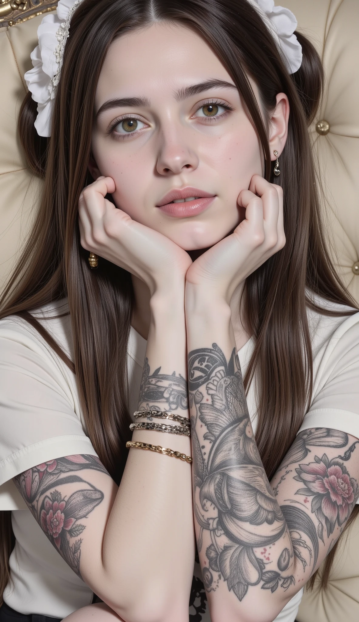 a woman with long hair that falls on her shoulders both hands on her face as if holding it and resting her elbows on her knees, white sweatshirt and tattoos sitting on a sofa , detailed and beautiful portrait, cuerpo y rostro hermosos y detallados, highly detailed portrait, Detailed portrait of an anime girl , 🤤 portrait of a girl, nice detailed art, Detailed woman, extremely Detailed woman, Detailed illustration of portrait , Beautiful drawing style , extremely detailed portrait , with long hair and piercing eyes , tattoo style