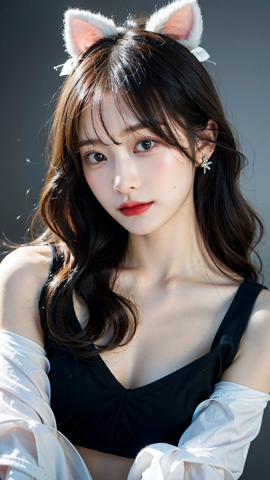 (Canon RF85mm f/1.2,best quality,Reality:1.4,light),(1 girl,Korean mixed,Korean Idol:1.2,beautiful long_Slim_leg),(long_Brown_Wavy_hair),(pink_shining_Lips,pink_Eyeshadow,eyelash,powder_blush,cosmetic),(White_shining_skin,black eyes,Pores,skin texture,shining),(necklace,earrings),Large Breasts,Smile,Dynamic poses