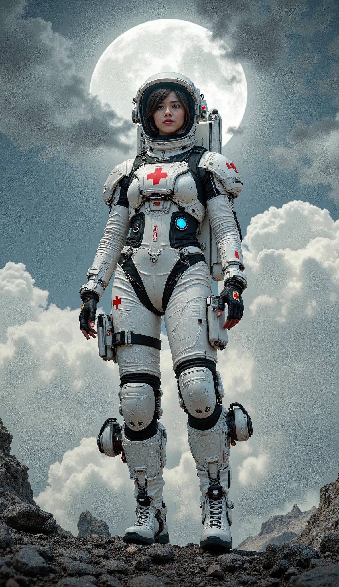 8k, masterpiece, highest quality, Futuristic space medic, female astronaut, cyberpunk, detailed white suit, red cross emblem, high-tech headphones, mechanical limbs, blue sphere, moon in background, cloudy sky, realistic digital painting, intricate details, sci-fi concept art, fantasy illustration, high resolution, dramatic lighting, cinematic atmosphere