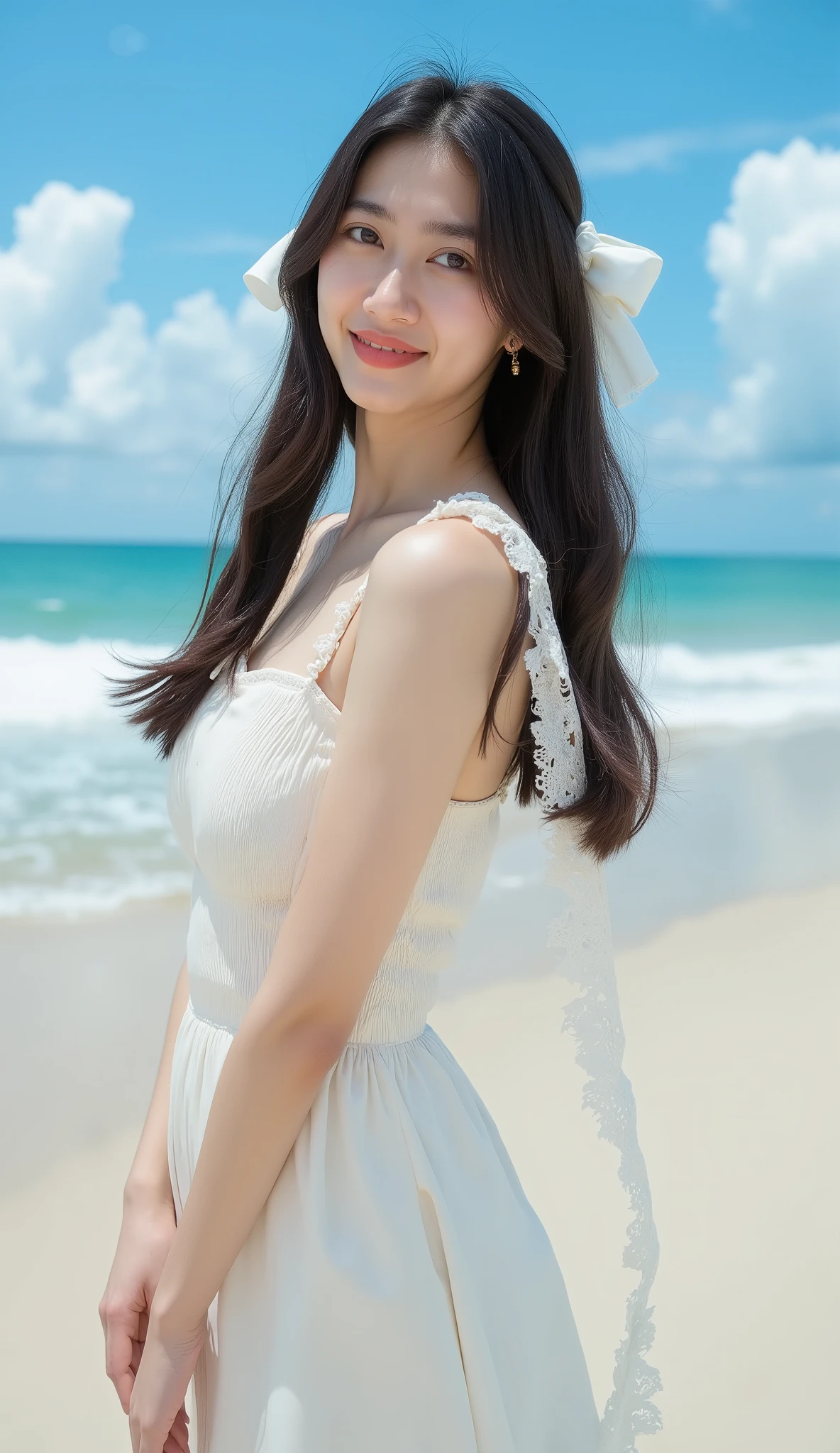 32k, Masterpiece, Top Quality, (Korea's Beautiful Women wearing long white dress) Full body, arm behind head, eye-level, long wavy dark brown hair, white lace bow, , bright blue background, playful, youthful, whimsical, edgy, bright lighting. Background is white cloud on the beautiful beach.