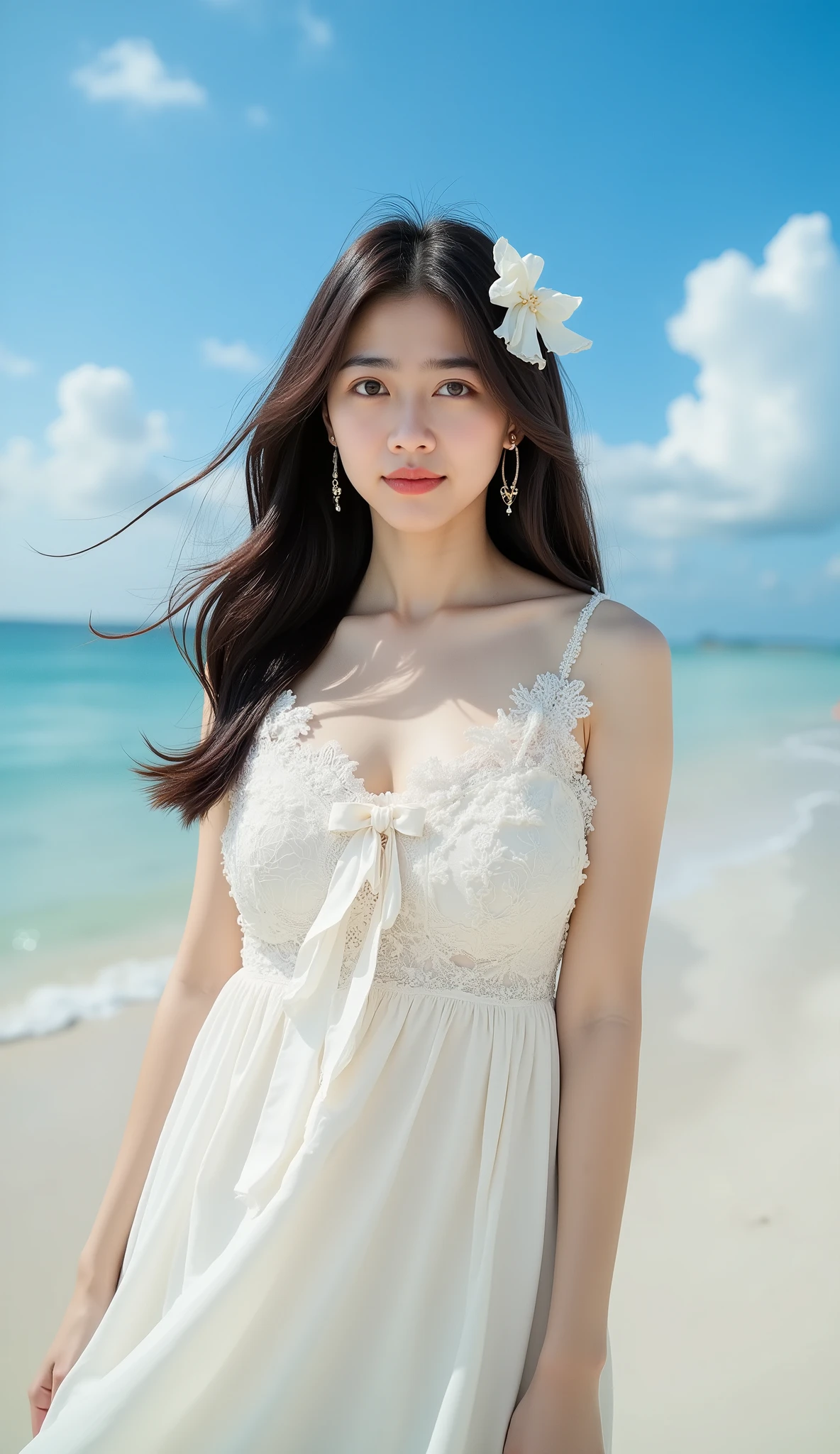 32k, Masterpiece, Top Quality, (Korea's Beautiful Women wearing long white dress) Full body, arm behind head, eye-level, long wavy dark brown hair, white lace bow, , bright blue background, playful, youthful, whimsical, edgy, bright lighting. Background is white cloud on the beautiful beach.