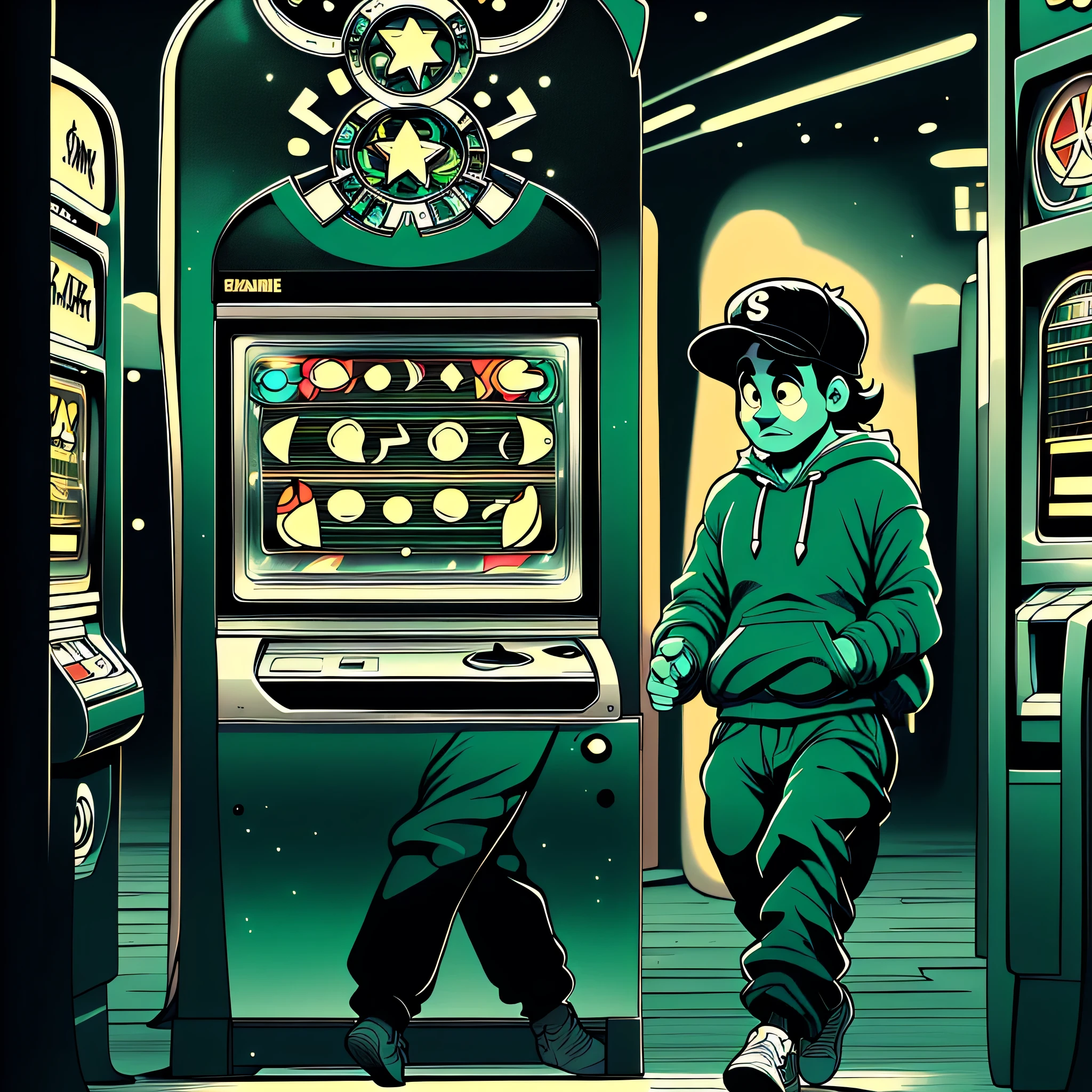The guy plays the Pacman game on the slot machine. the slot machine has a clear message "Pacman". The guy is trying really hard. The guy is wearing a red sweatshirt. Green pants. Black and white sneakers. people walk around. Same players. Highly detailed guy. highly detailed slot machine. Dandy-style image. Ultra Picture Quality.