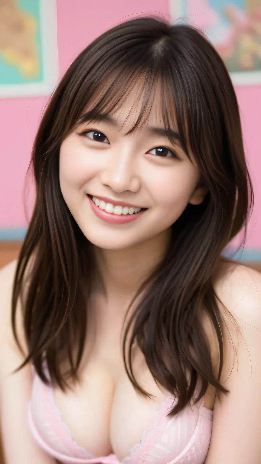 A perfect masterpiece、  (front map with lots of hang details、fine-grained)or higher、 High fines 、  winning works  、 sharp concentration、 cute girl、Yeah,     small tits,,(cute:1.2),  baby face、 (Make Bang、)Capturing the beauty and individuality of nature , light pink  、    full body portrait 、    great smile    、logo、  viewers