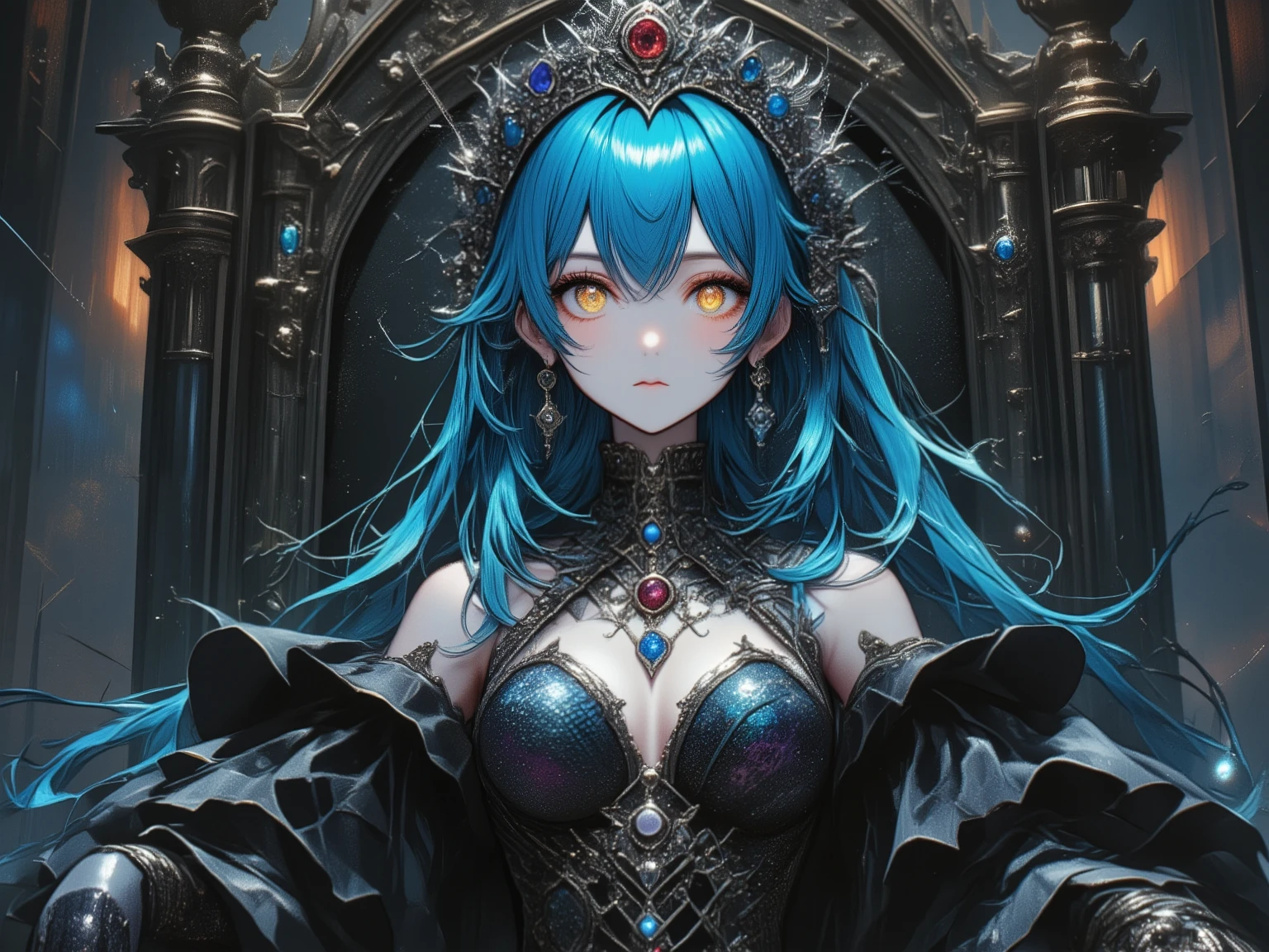 Gothic dress adorned with jewels {x} A mannequin princess crowned with a silver tiara with red, blue, white, purple, and green jewels、Beautiful Ultramarine Blue Hair、Golden Eyes、her hands are spherical joints、A complicated magic circle is reflected in her eyes、No expression、Sphere Festival、Mannequin Body、sitting on a throne、黄金の錫杖を持つ、looking up from below、dim lighting、high image quality、High Quality、photorealistic、Doll Body、Doll Joints、shoulder、elbow、手がSphere Festivalになっている