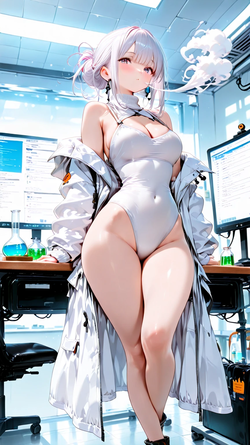 Kizi, ??????? big, cute, Caucasian skin, baby face, pink eyeballs, White hair, good figure, super long and beautiful legs, white stockings, 8K, Computer graphics quality, master works, perfects eyes, eye details, right fingers, right thighs, NO extra fingers, no extra legs