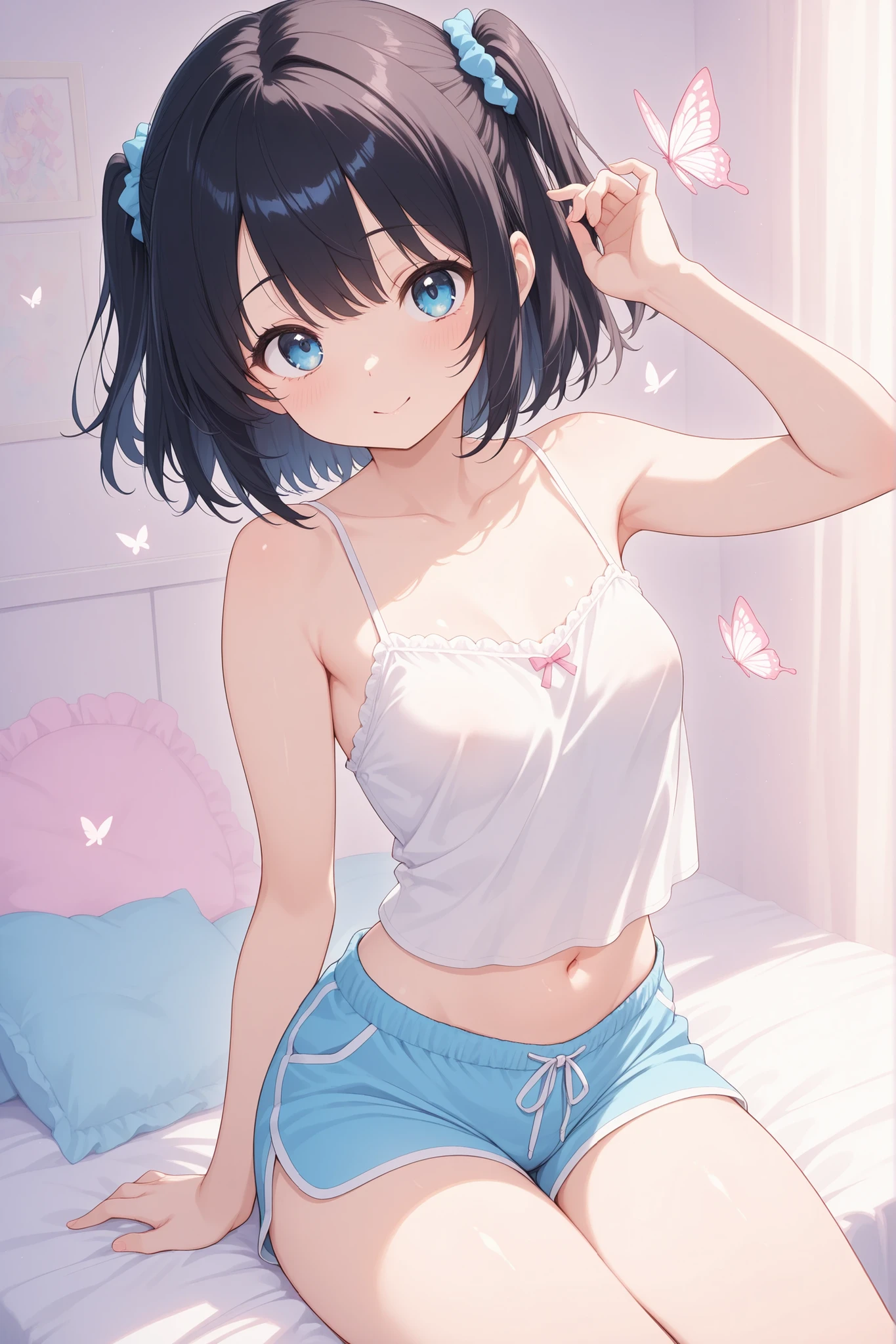 ・Nationality:Japanese
・Age:13 years old
・Height: 140cm
· Other appearances:dark hair、fair skin、Simple baby face、cute、In progress、Healing、precious、Poor phase
・Body type:as above, My are very small, but、、In addition, Her arms and waist are thin but、naturally rounded、it's a healthy and well-balanced style。
・Please faithfully reproduce the clothes and appearance that came out frequently:My are light, fluffy and、there is a butterfly in the center of her fur々I wear a thin white camisole and、with knots、I wear blue shorts underneath。collarbone、pubic、thigh navel、high image quality、High Quality、pastel、vivid、colorful、fine background