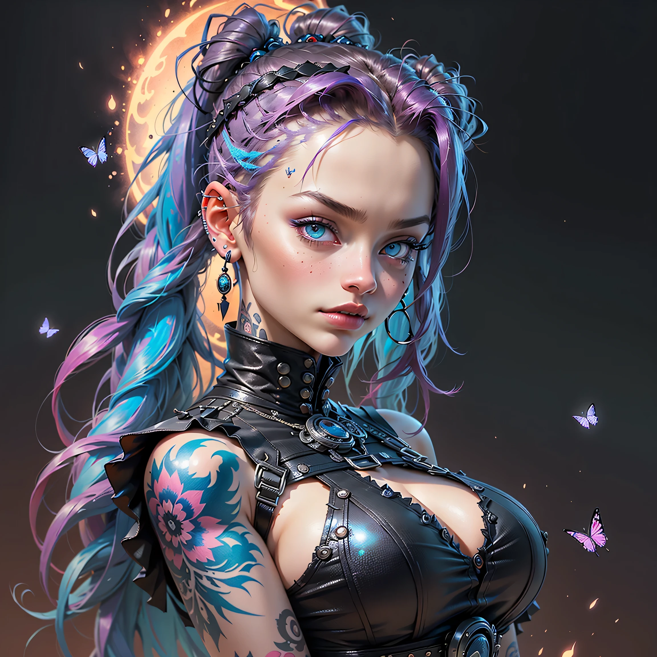 a close up of a woman with tattoos on her chest, hyper-realistic cyberpunk style, cyberpunk style ， hyperrealistic, dreamy cyberpunk girl, hyperrealistic fantasy art, realistic digital art 4k, realistic digital art 4 k, cyberpunk art style, beautiful cyberpunk girl face, alena aenami and artgerm, hyper realistic anime, ross tran 8 k