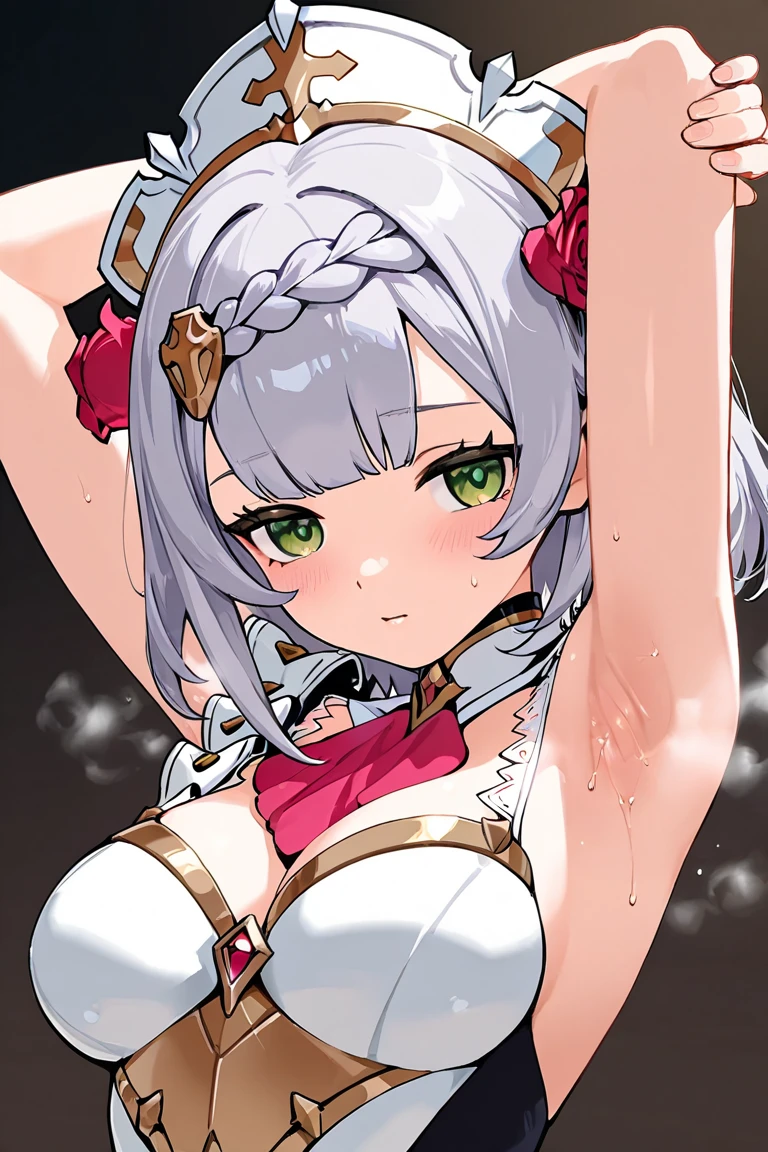 terroral, naked bandage, 1girl, breasts, solo, large breasts, looking at viewer, cleavage,, simple background, white background, sleeves past wrists, sitting, bare shoulders, hair between eyes, detached sleeves, collarbone, blush, barefoot, from above, sleeves past fingers,
 <lora:TerrorHalloweenV1:1>,