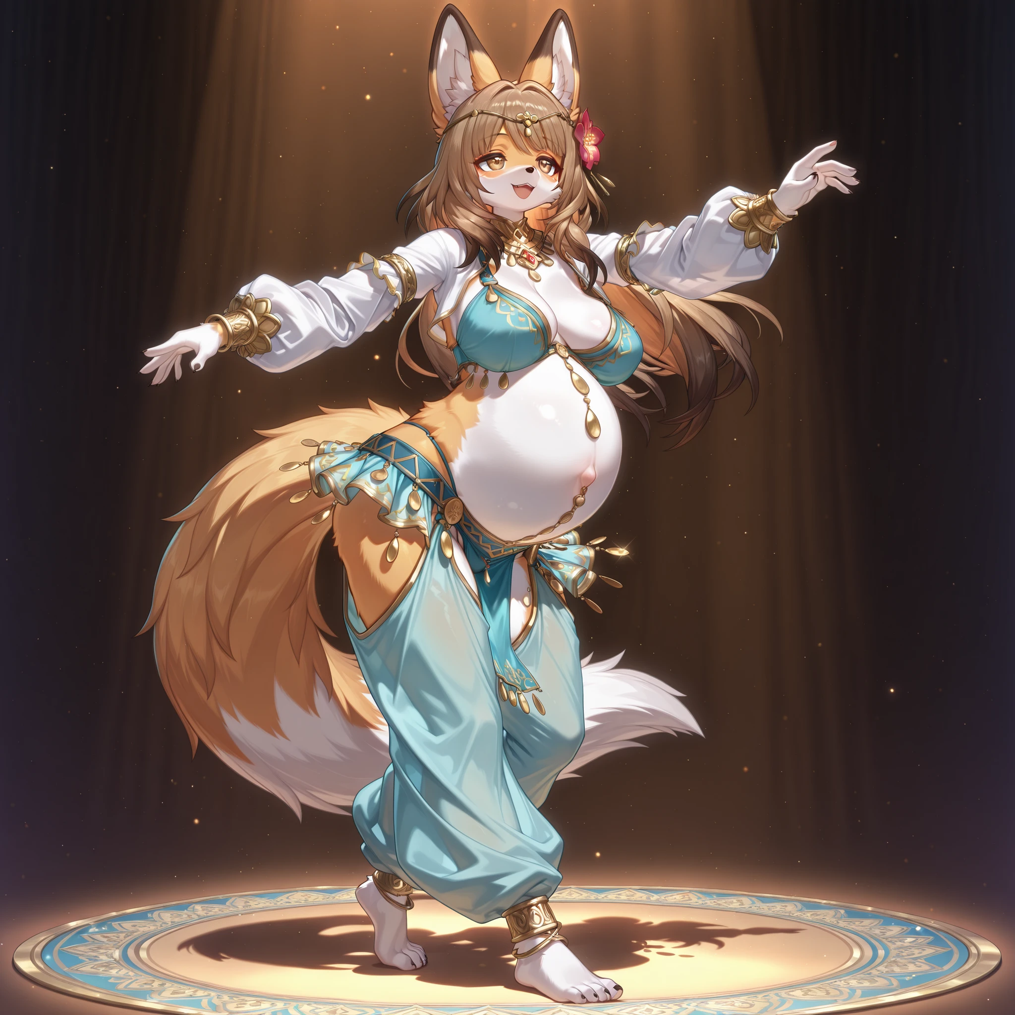 (1girl, solo, fox girl, furry, Kemono, Fluffy fur, coloured fur, brown fur, two tone fur, brown hair, long hair, bangs, hair flower, brown eyes, cleavage, sagging breasts, navel, pregnant, big belly, wide hips, belly dancer, arabic harem outfit, long sleeves, bra, thong, mini skirt, pelvic curtain, very big harem chaps, very baggy oversized chaps, barefoot, neck ring, circlet, gold trim, body jewelry, standing, dancing, happy, stylish, graceful, sexy, charming, cute, mature, full body, beautiful environment, gothicstyle, biyōjo, moe, 3d, source_anime, beautiful aesthetic, simple background, masterpiece, best quality)