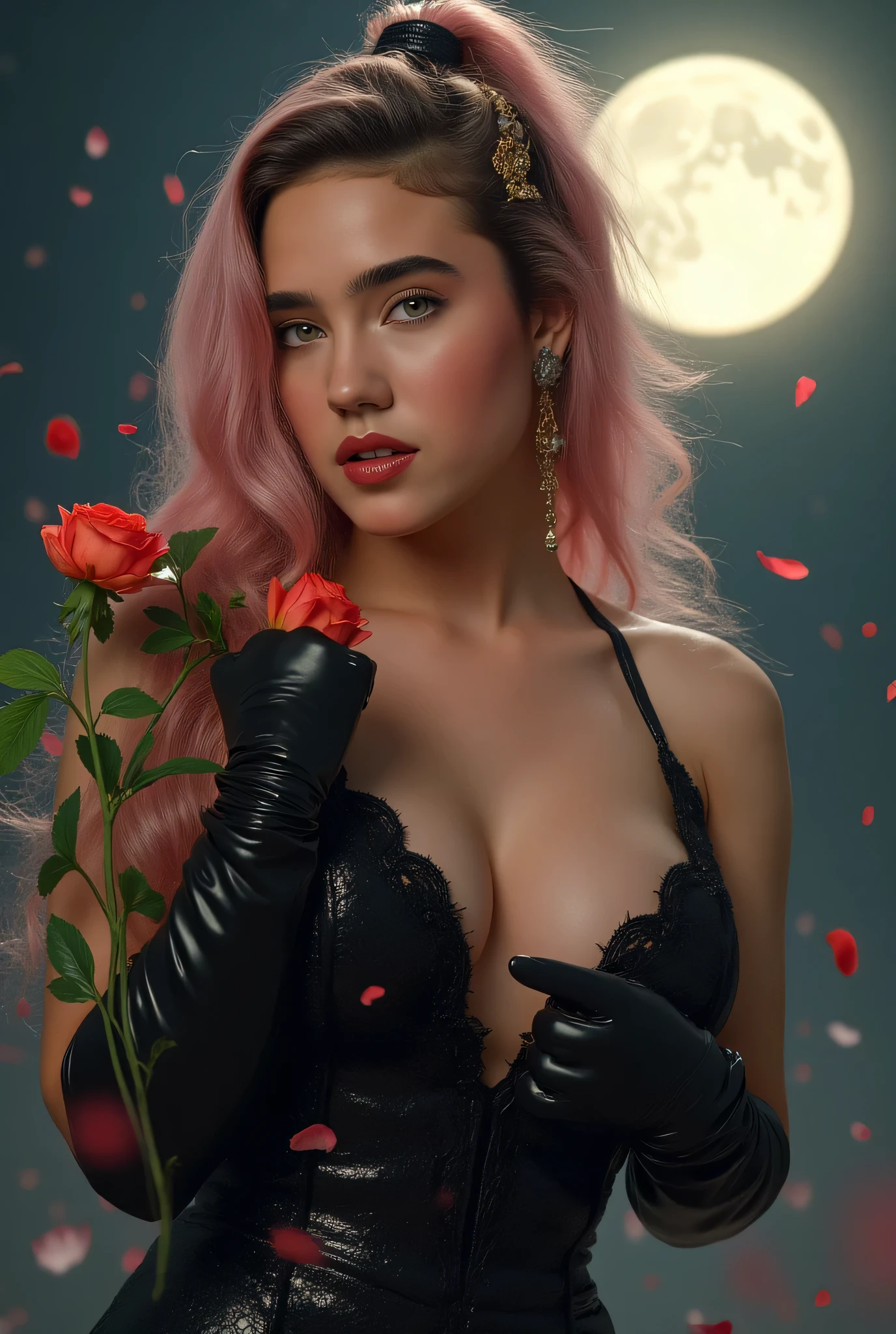 Photo, ((( Epic realism: 1.8 ))), ((( Full body shooting angle: 1.8 ))) Jennifer Connelly, jenniferconnelly . Photo ultrarrealista de Kiara Nova haciendo cosplay de Yor Forger, an impressive cosplayer ( 22-25 years ), with wavy pastel pink hair, light almond eyes, slightly tanned skin, an athletic and feminine body, small and hard , Toned Legs, round and flat abdomen. She wears a sensual version of Yor Forger's black assassin outfit. She wears a black latex dress with a wide neckline, exposing her beautiful with her back, a hair ornament with gold details and long gloves. Holds a flower with one hand golden with a very pose and leaning forward the spectator, with an intense look and a and mysterious expression. Background with bright full moon and red petals in the air and suspended dust. are appreciated. ((( adult content : 1.8 ))). (((exposed : 1.9 )))