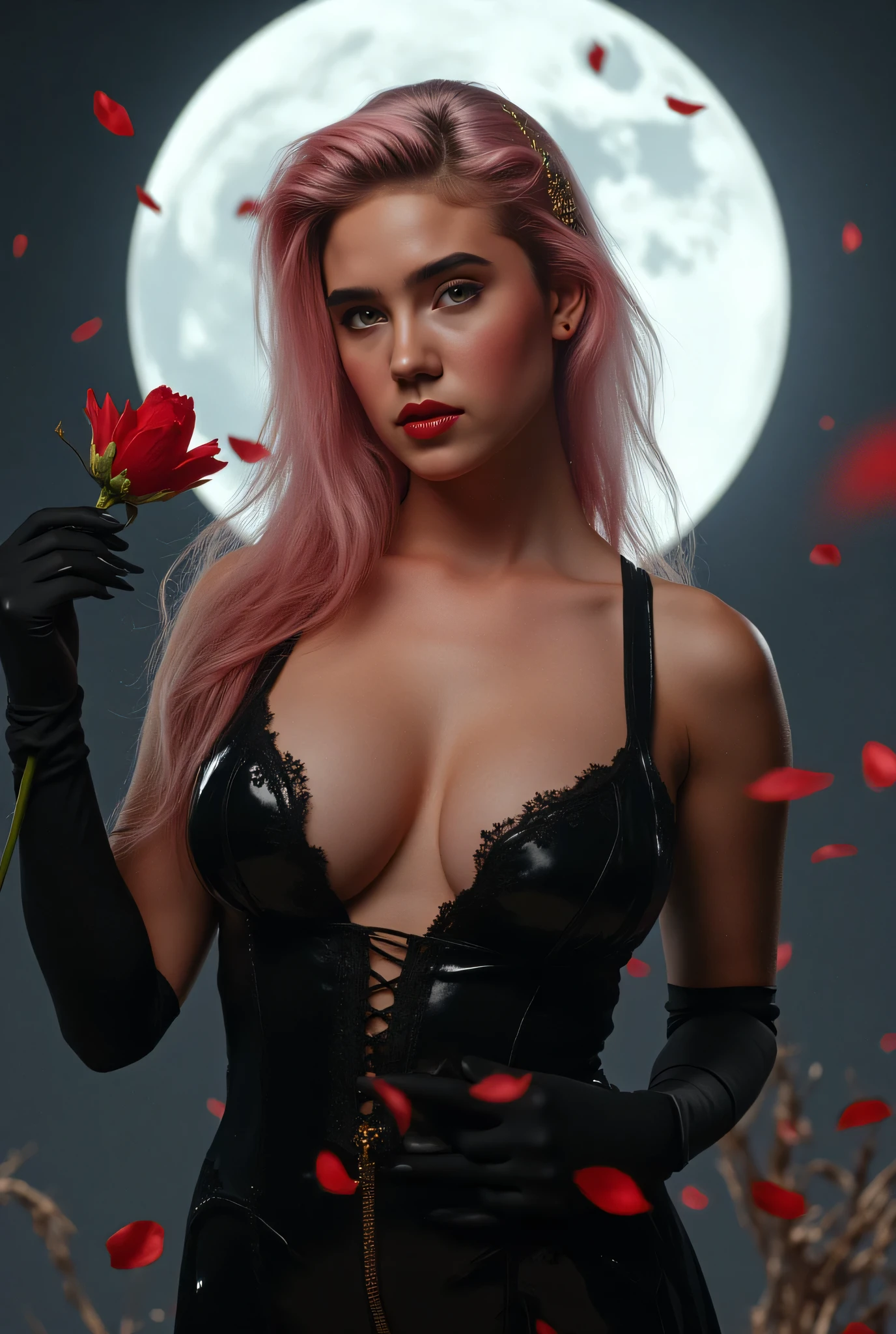 Photo, ((( Epic realism: 1.8 ))), ((( Full body shooting angle: 1.8 ))) Jennifer Connelly, jenniferconnelly . Photo ultrarrealista de Kiara Nova haciendo cosplay de Yor Forger, an impressive cosplayer ( 22-25 years ), with wavy pastel pink hair, light almond eyes, slightly tanned skin, an athletic and feminine body, small and hard , Toned Legs, round and flat abdomen. She wears a sensual version of Yor Forger's black assassin outfit. She wears a black latex dress with a wide neckline, exposing her beautiful with her back, a hair ornament with gold details and long gloves. Holds a flower with one hand golden with a very pose and leaning forward the spectator, with an intense look and a and mysterious expression. Background with bright full moon and red petals in the air and suspended dust. are appreciated. ((( adult content : 1.8 ))). (((exposed : 1.9 )))