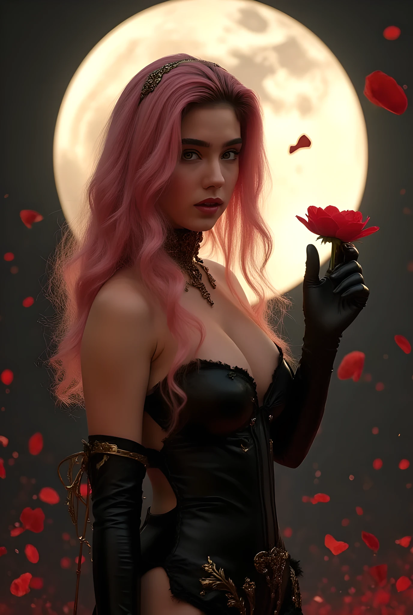 Photo, ((( Epic realism: 1.8 ))), ((( Full body shooting angle: 1.8 ))) Jennifer Connelly, jenniferconnelly . Photo ultrarrealista de Kiara Nova haciendo cosplay de Yor Forger, an impressive cosplayer ( 22-25 years ), with wavy pastel pink hair, light almond eyes, slightly tanned skin, an athletic and feminine body, small and hard , Toned Legs, round and flat abdomen. She wears a sensual version of Yor Forger's black assassin outfit. She wears a black latex dress with a wide neckline, exposing her beautiful with her back, a hair ornament with gold details and long gloves. Holds a flower with one hand golden with a very pose and leaning forward the spectator, with an intense look and a and mysterious expression. Background with bright full moon and red petals in the air and suspended dust. are appreciated. ((( adult content : 1.8 ))). (((exposed : 1.9 )))