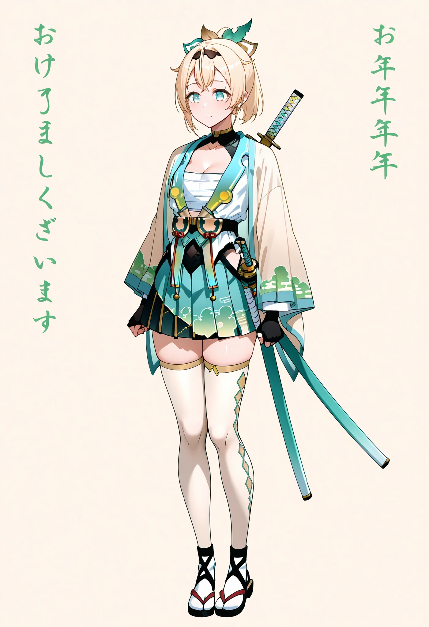 Kazama Iroha,Kazama Iroha, japanese clothes, long sleeves, kimono, cleavage, mini skirt, pleated skirt, wide sleeves, black fingerless gloves, white thighhighs, sandals, hakama skirt, tabi, haori, hakama short skirt, chest sarashi, sheathed katana on back