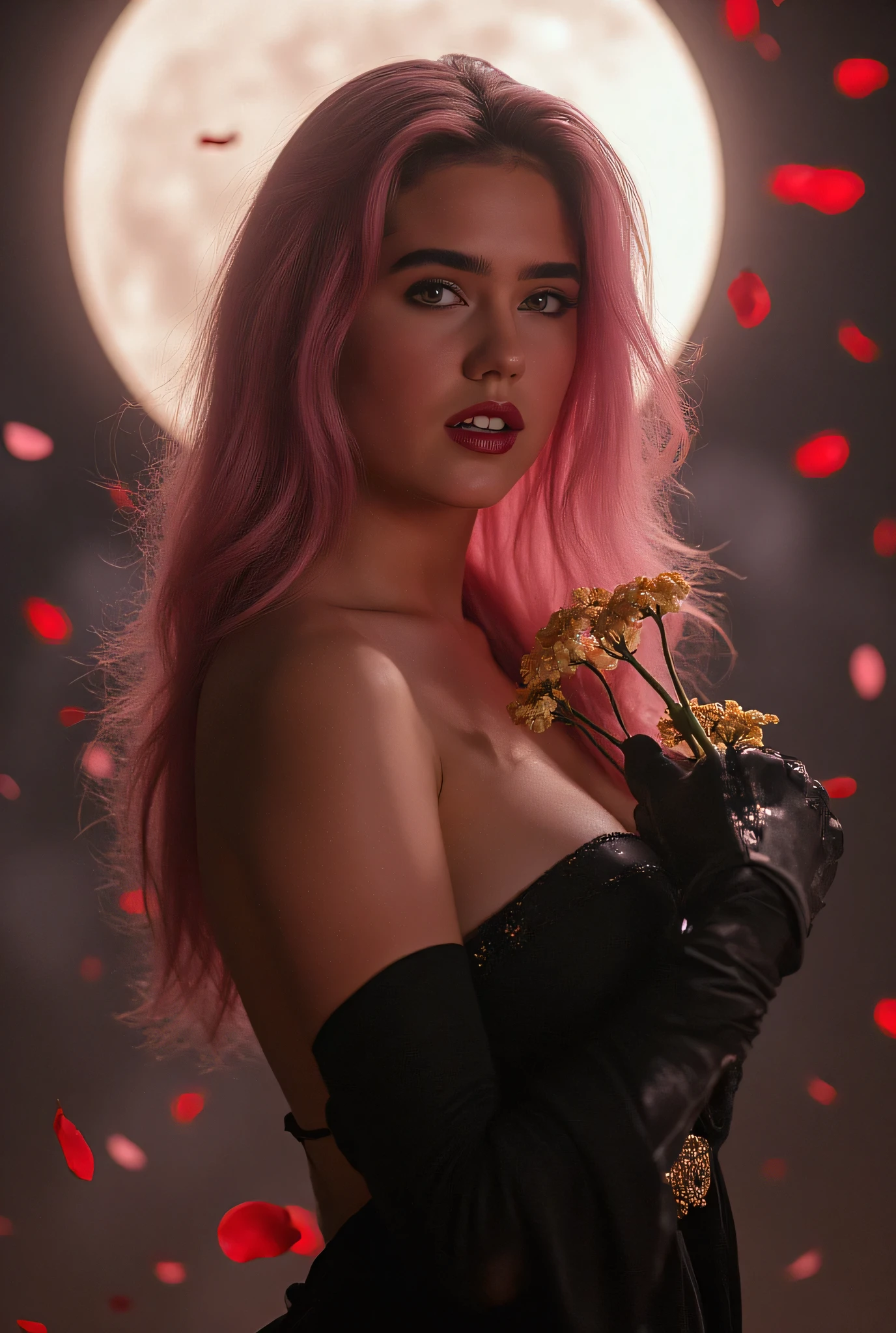 Photo, ((( Epic realism: 1.8 ))), ((( Full body shooting angle: 1.8 ))) Jennifer Connelly, jenniferconnelly . Photo ultrarrealista de Kiara Nova haciendo cosplay de Yor Forger, an impressive cosplayer ( 22-25 years ), with wavy pastel pink hair, light almond eyes, slightly tanned skin, an athletic and feminine body, small and hard , Toned Legs, round and flat abdomen. She wears a sensual version of Yor Forger's black assassin outfit. She wears a black latex dress with a wide neckline, exposing her beautiful with her back, a hair ornament with gold details and long gloves. Holds a flower with one hand golden with a very pose and leaning forward the spectator, with an intense look and a and mysterious expression. Background with bright full moon and red petals in the air and suspended dust. are appreciated. ((( adult content : 1.8 ))). (((exposed : 1.9 )))