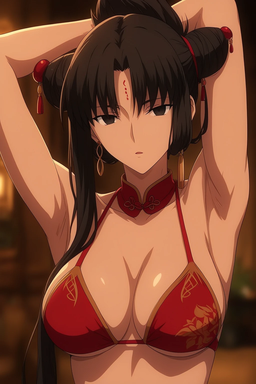 A beautiful woman, ((martial art))), masterpiece, top quality, detailed, (anime), beautiful hands, far away, 4k, best quality, 1girl,, (opened kimono), no bra, no , exposed , , , very , honry face, wants, (sweaty) , very detailed eyes, pressing her ,  herself,  on the legs, exposed belly