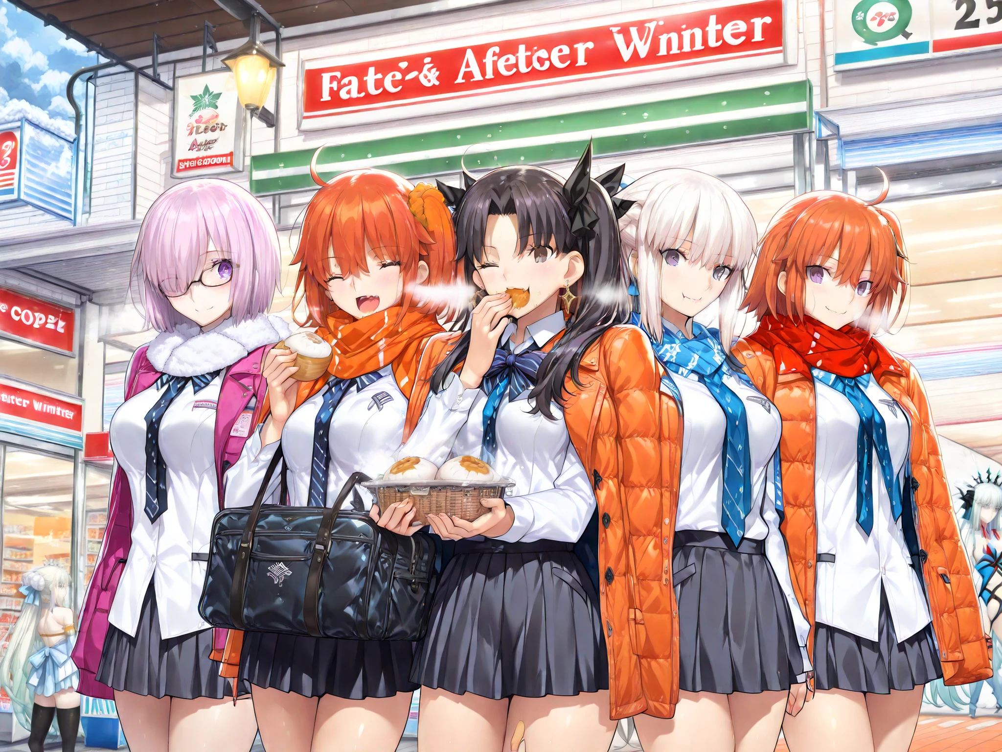 (masterpiece:1.1), (Highest Quality:1.1), (Super Detailed:1.1), (Fate/Grand Order style:1.3), (Thickly painted anime style:1.2), takeuchi takashi, (anime style:1.25),
(4girls:1.4), (intimate atmosphere:1.4), ((Fate/Grand Order)),
((cozy playful winter after-school moment:1.5)), ((girls are eating Japanese steamed buns in hands, steam mixing with white braeath clouds)),
((soft orange street lamps and store sign)),
((breath visible in cold air)),
((school bags on shoulders, scarves and coats half-buttoned)),
((personA: Fujimaru Ritsuka (female), aaritsuka, orange hair:1.4)),
((personB: Mash Kyrielight, purple hair:1.1)),
((personD: Ishtar, black hair:1.4)),
((paersonC: Morgan le Fay (Fate), white hair:1.2)),
(Japanese convenience store front in winter twilight:1.3),
((all four standing close in a small circle in front of convenience store)), (wearing a miniskirt, her thighs are visible),
((cinematic low-angle medium shot from ground:1.2)), ((diagonal composition with store sign behind, four girls forming warm center)), ((shallow depth of field, razor focus on Japanese steamed bun and happy faces)),
((only these four in frame, pure winter after-school Japanese steamed bun bliss:1.3))